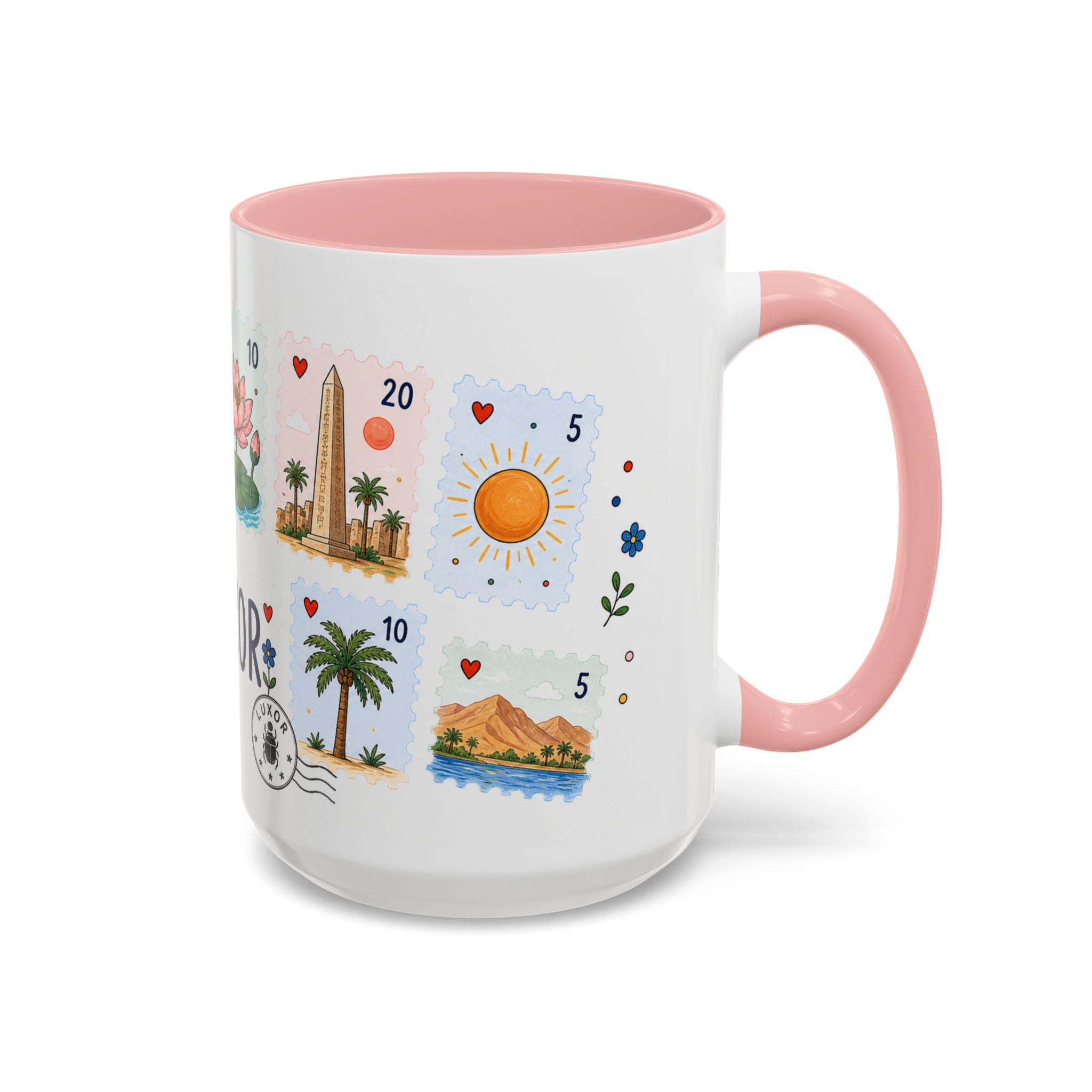 Luxor Coffee Mug | Postage Stamp Collage Mug | Travel Souvenir Accent Cup 11oz 15oz