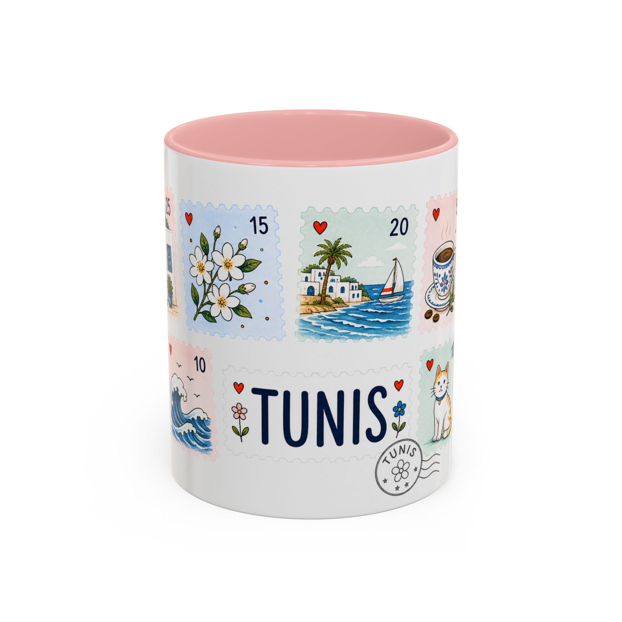 Tunis Coffee Mug | Postage Stamp Collage Mug | Travel Souvenir Accent Cup 11oz 15oz