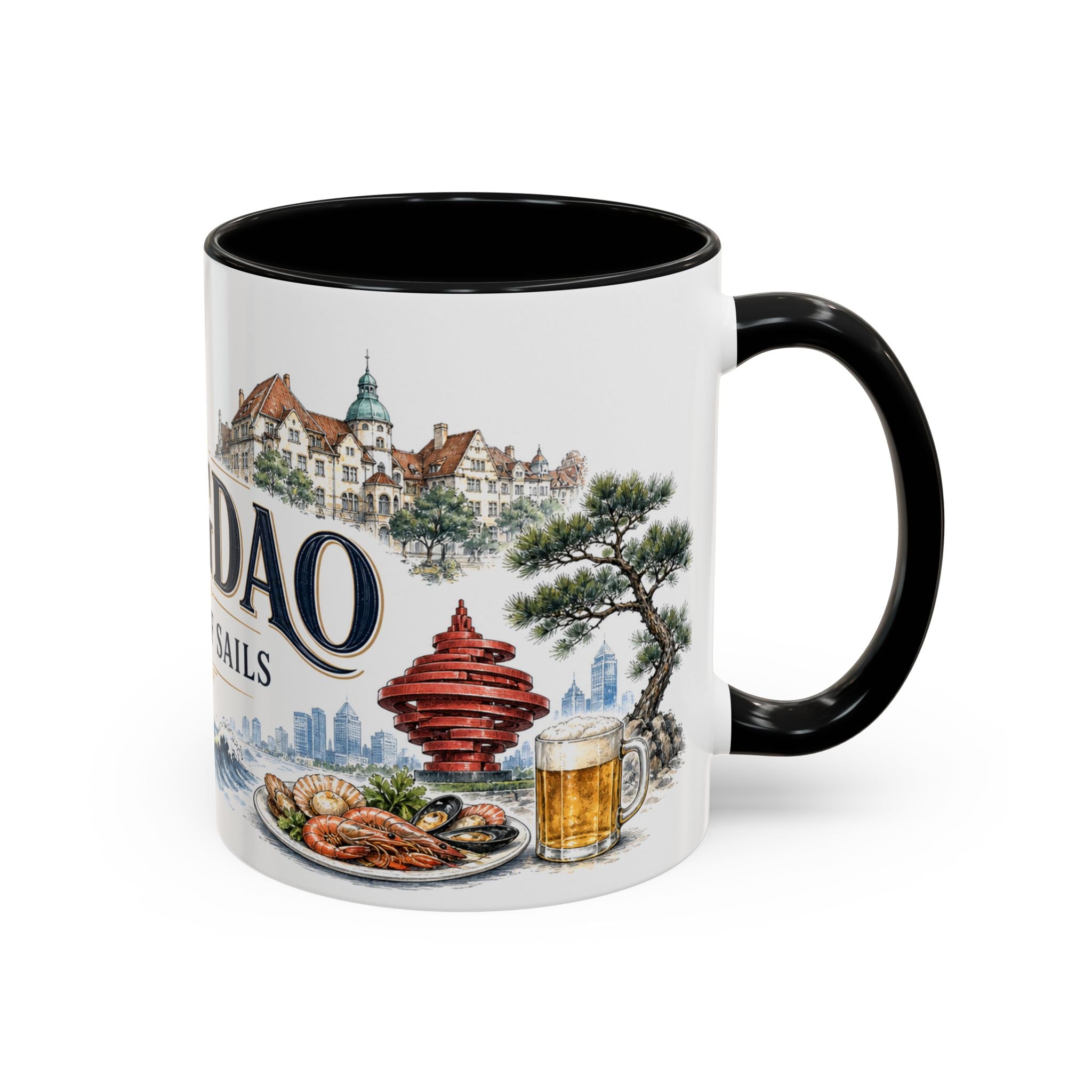 Qingdao Coffee Mug | China Travel Souvenir | Vintage Illustrated City Gift | 11 oz 15 oz Accent Mug