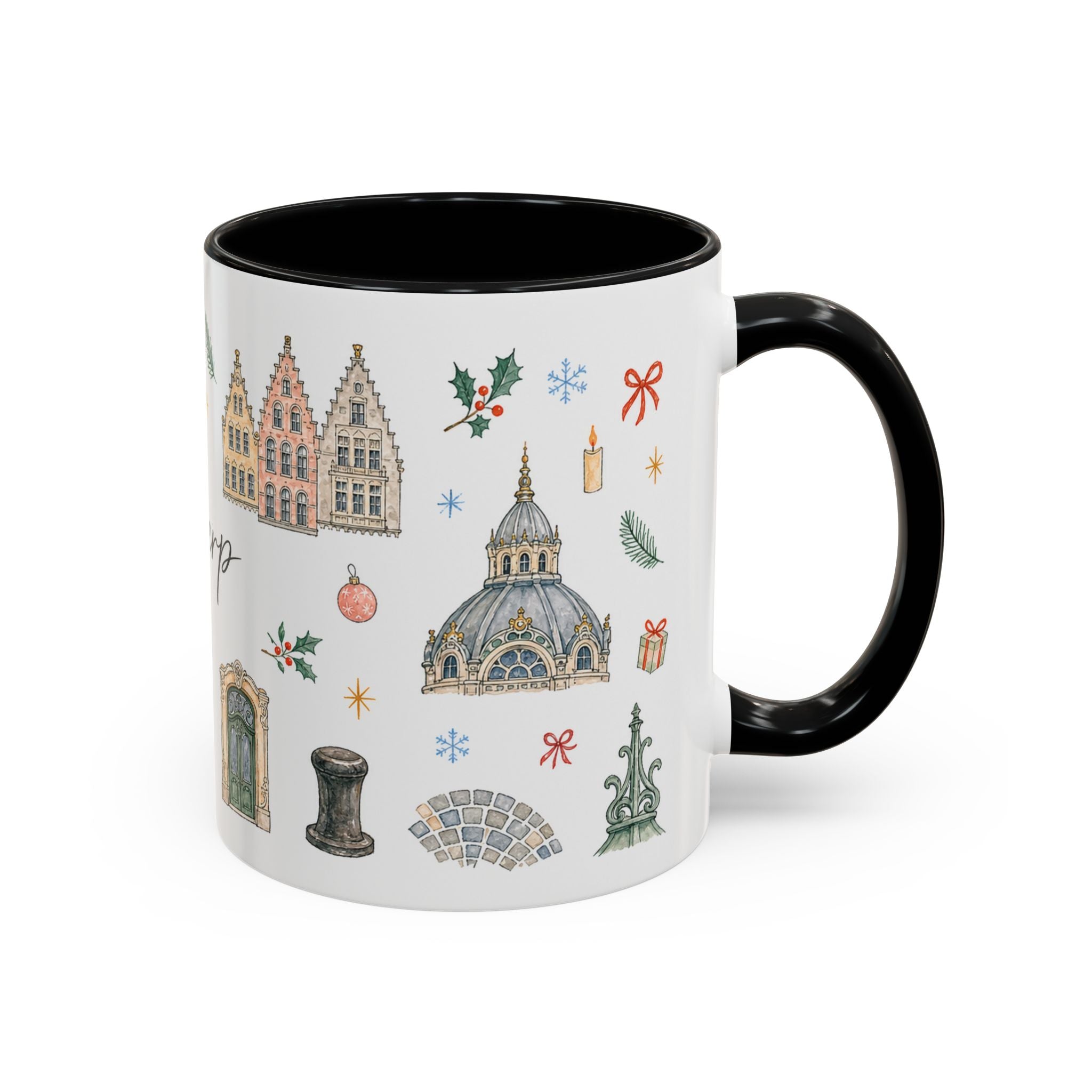 Antwerp Christmas Mug | Watercolor Travel Souvenir | Holiday Gift | Accent Ceramic Coffee Cup 11oz 15oz