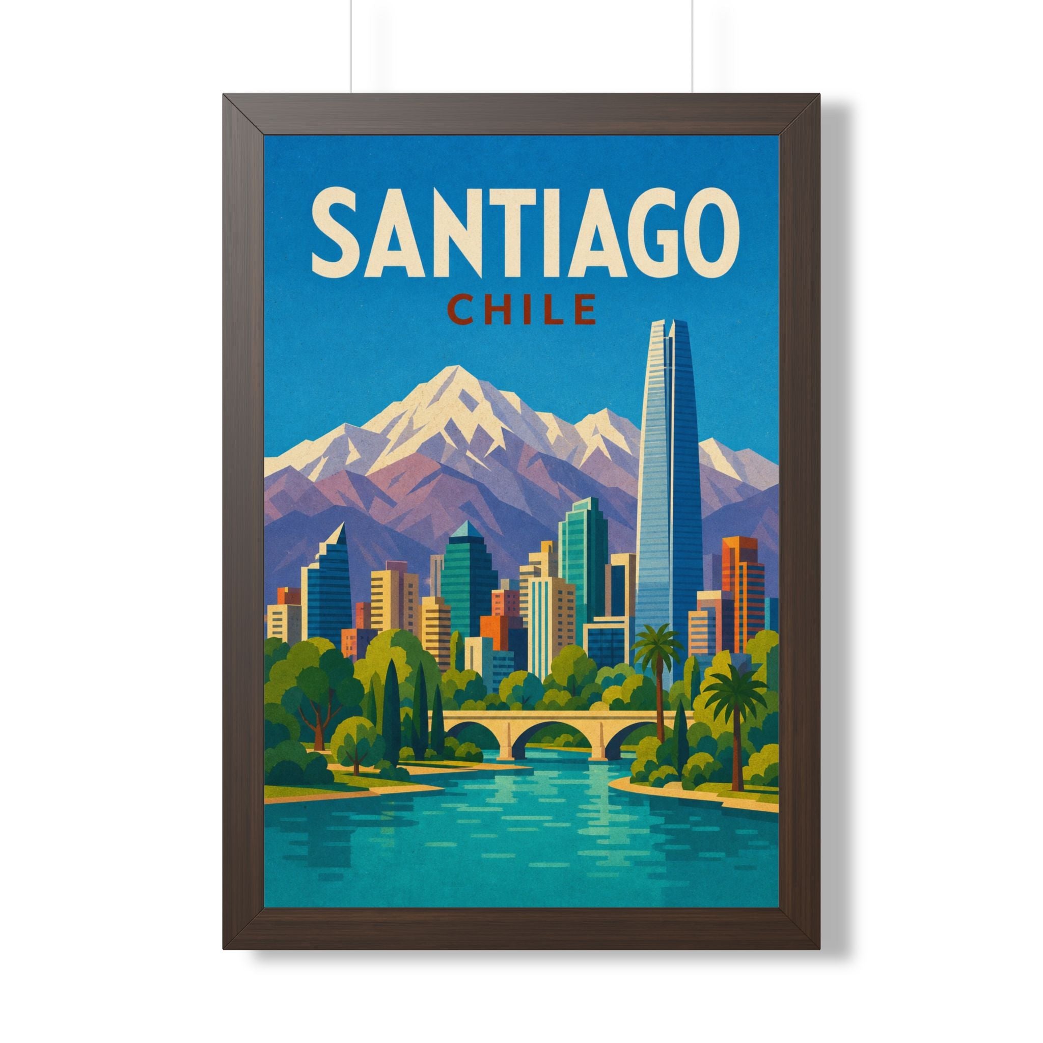 Santiago Chile Framed Poster | Vintage Travel Wall Art | Black Walnut White Frame | 16x24 20x30