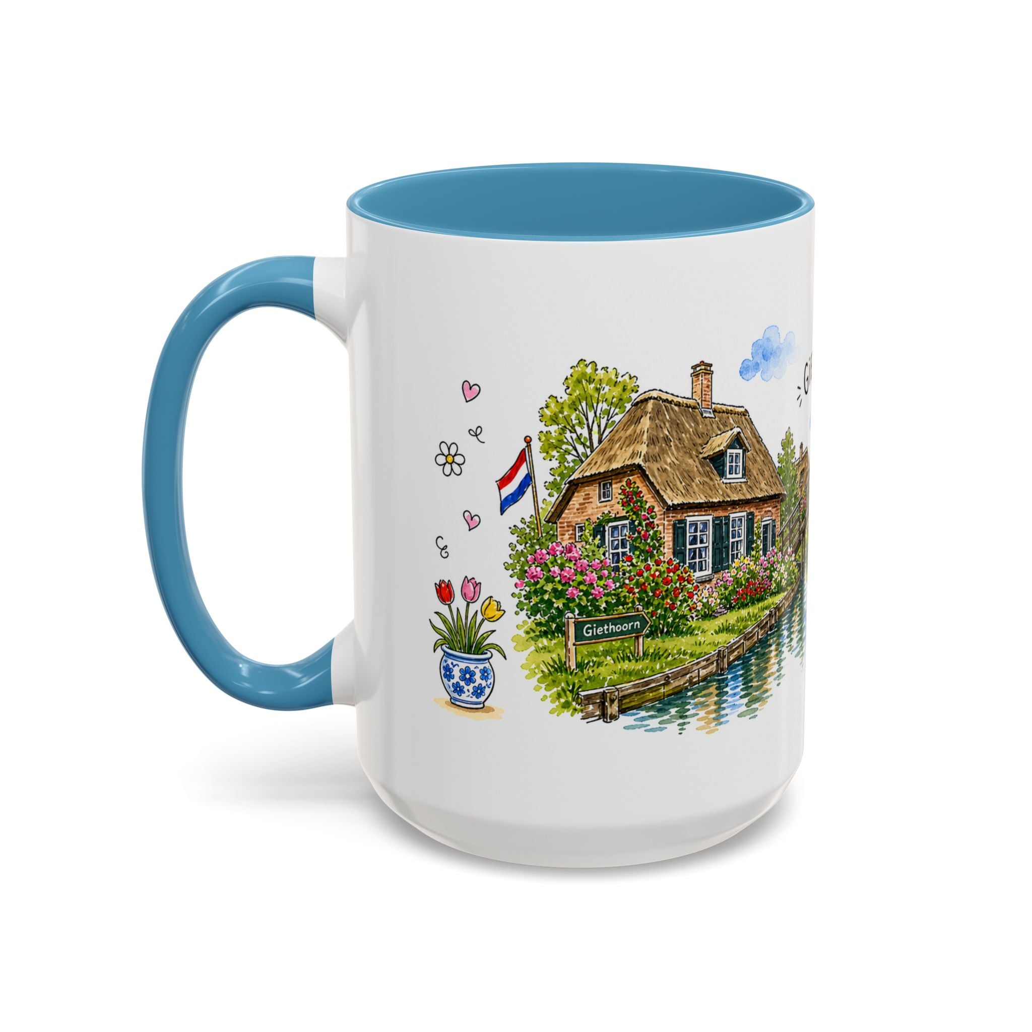 Giethoorn Illustrated Travel Mug | Netherlands Souvenir Accent Coffee Mug | 11oz 15oz Ceramic Cup