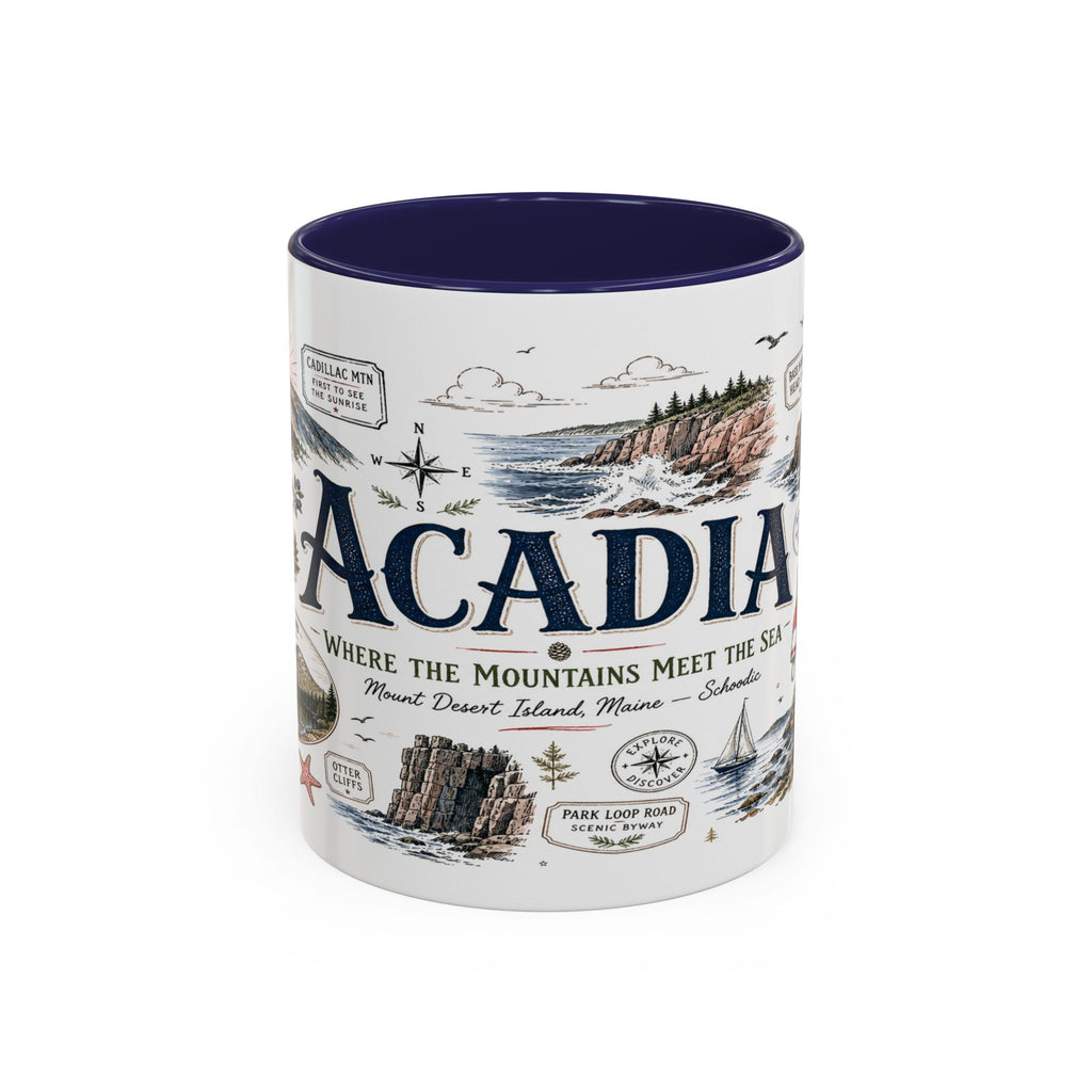 Acadia Coffee Mug | National Park Hiking Coastal Gift | Accent Color Ceramic 11oz 15oz