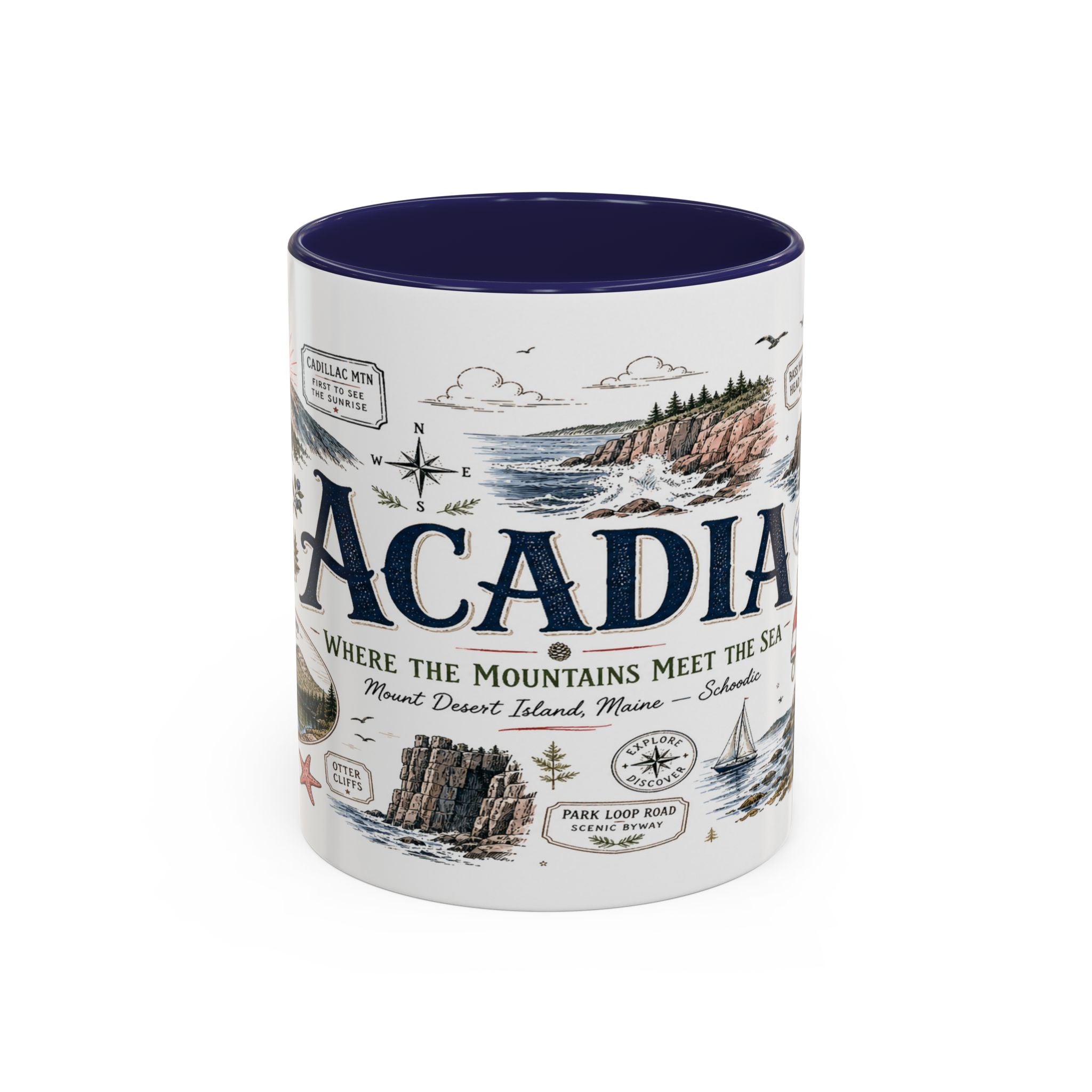 Acadia Coffee Mug | National Park Hiking Coastal Gift | Accent Color Ceramic 11oz 15oz
