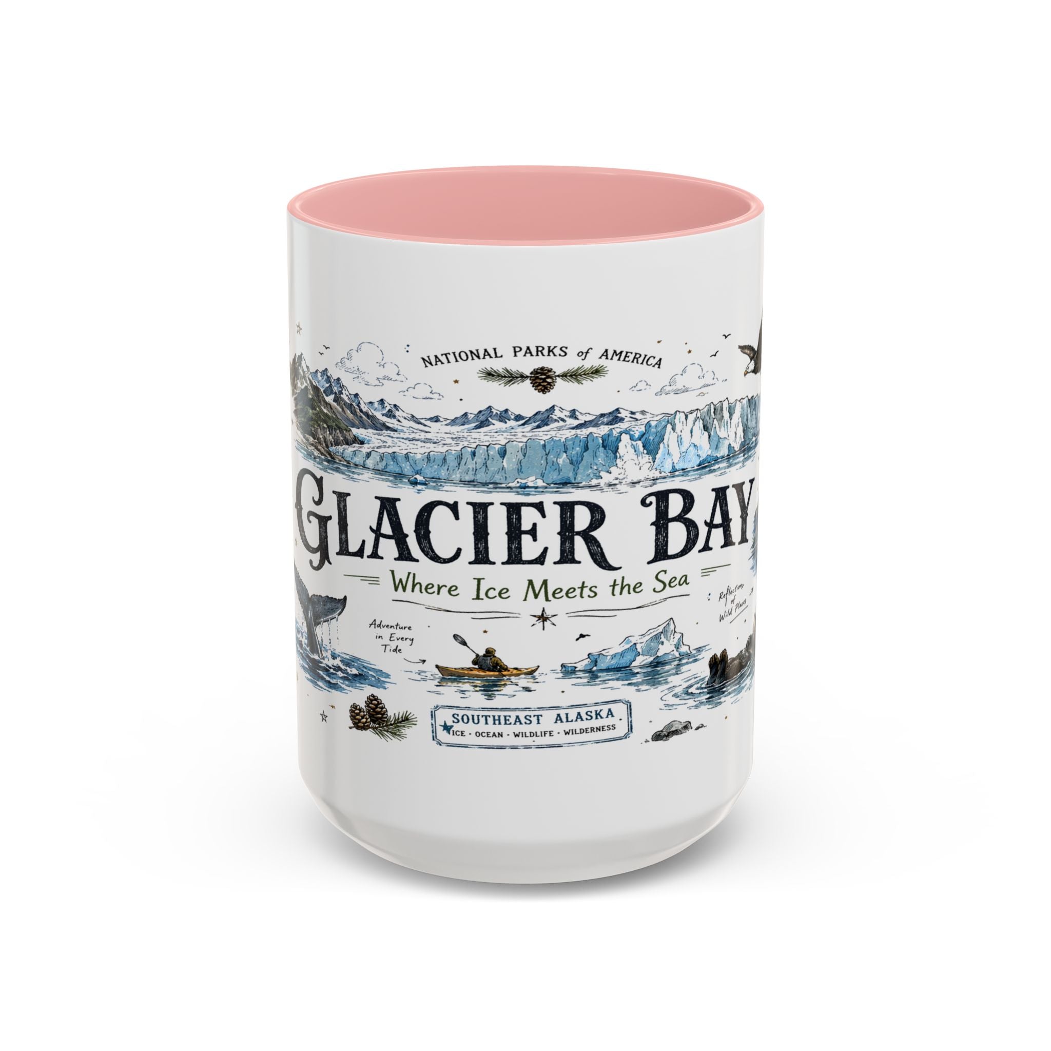 Glacier Bay National Park Coffee Mug | Alaska Wilderness Kayaking Gift | Accent Color Ceramic 11oz 15oz