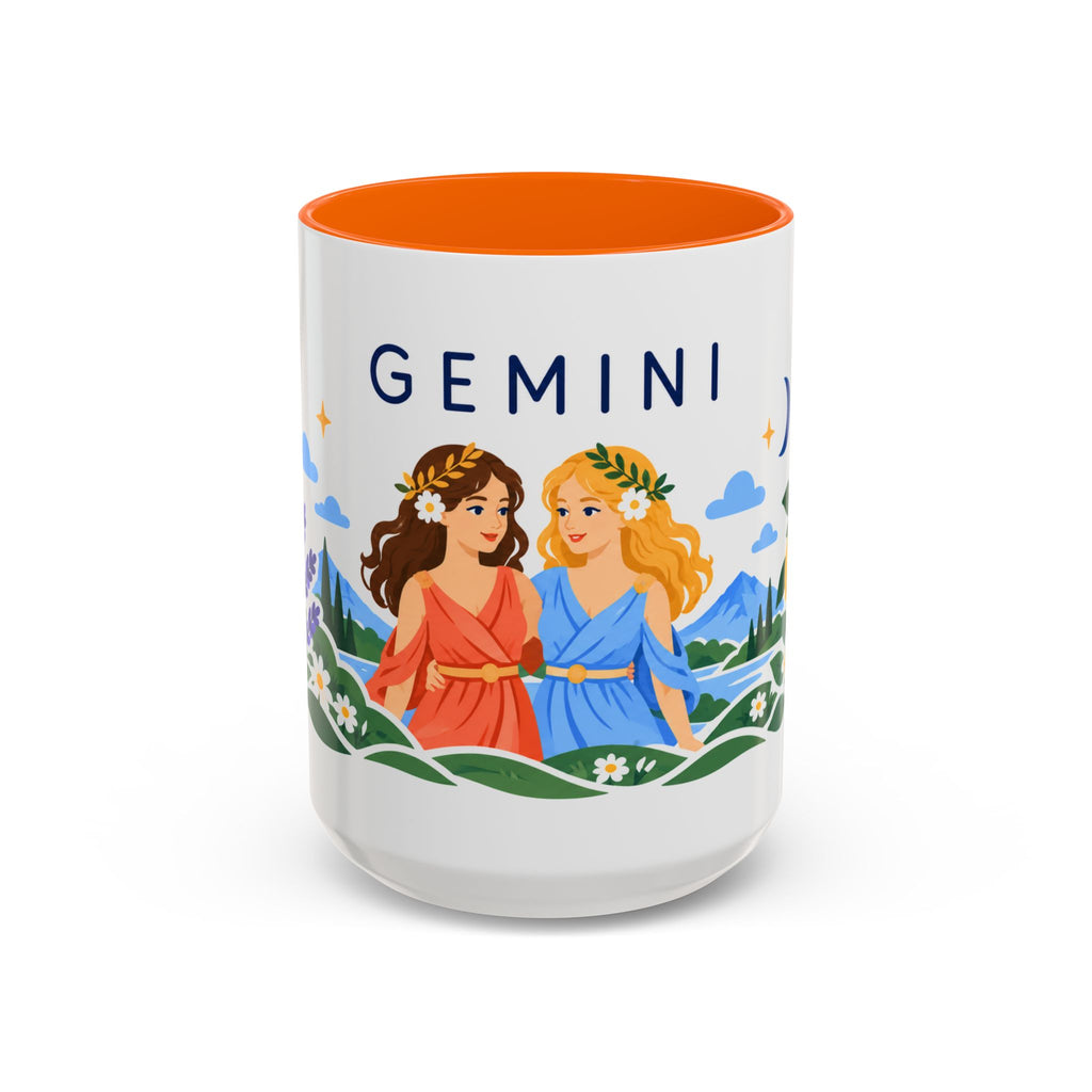 Gemini Zodiac Coffee Mug | Twins and Floral Design | Astrology Birthday Gift | 11 oz 15 oz Ceramic Accent Mug