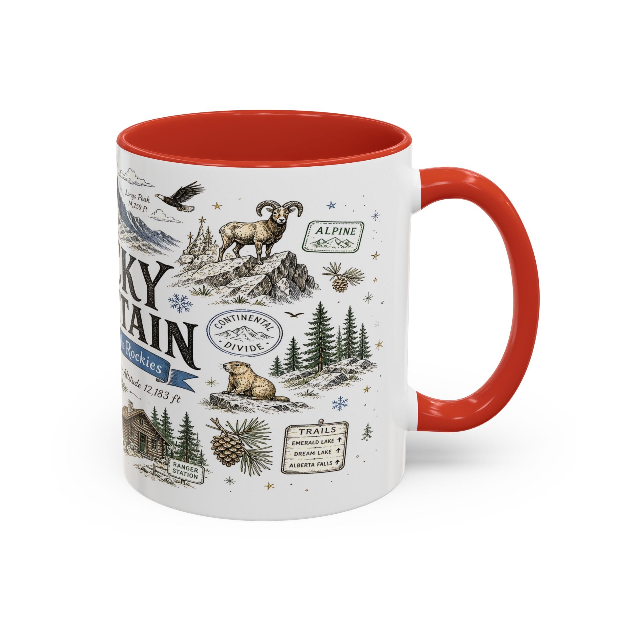 Rocky Mountain Coffee Mug | National Park Hiking Camping Gift | Accent Color Ceramic 11oz 15oz