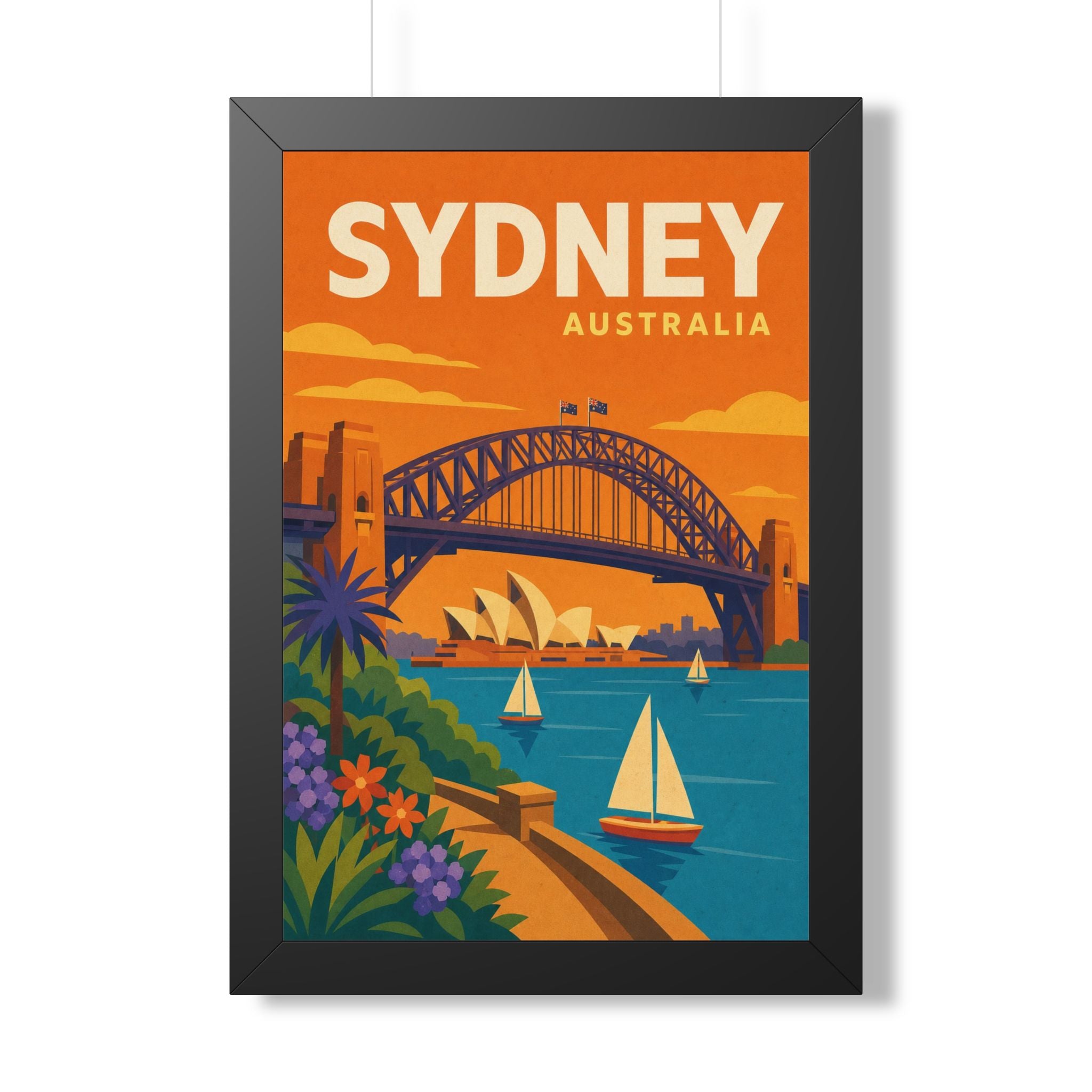 Sydney Harbour Australia Framed Poster | Vintage Travel Wall Art | Black Walnut White Frame | 16x24 20x30