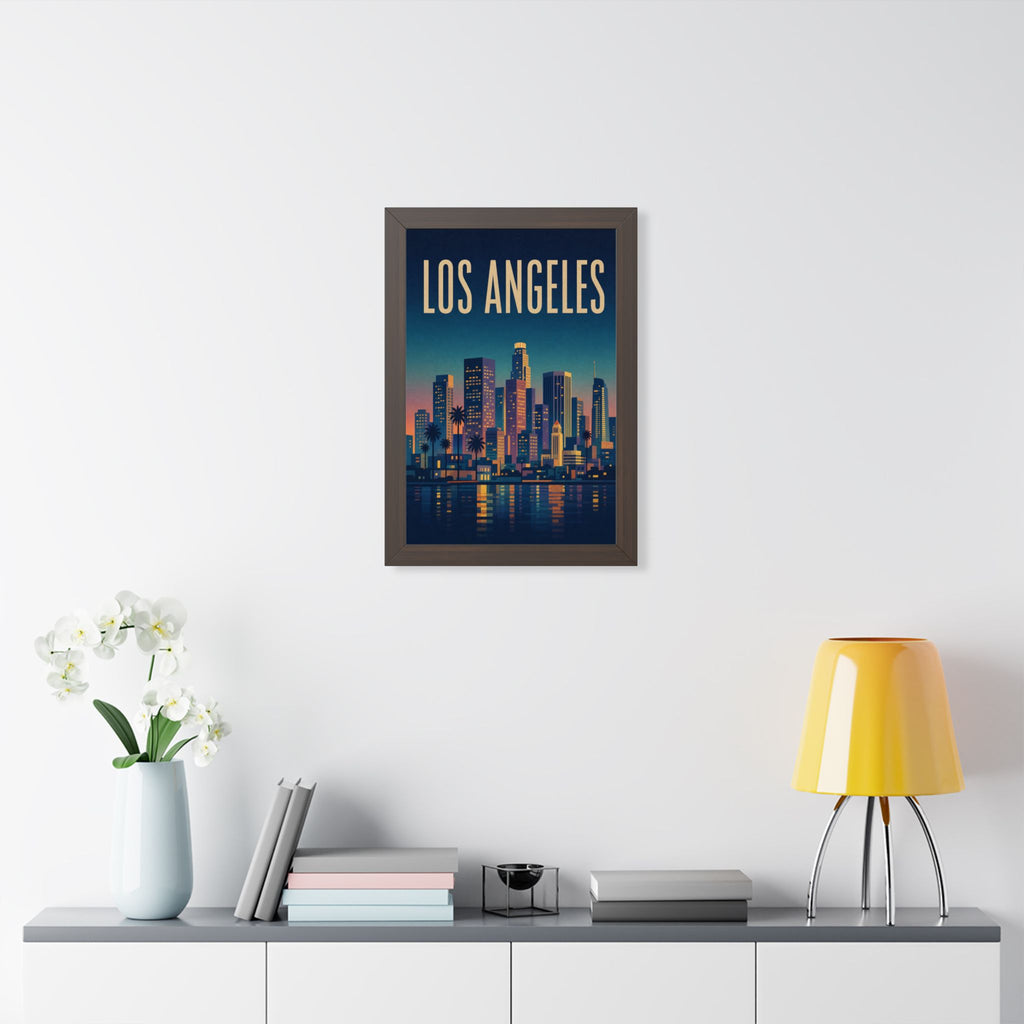 Los Angeles at Night United States Framed Poster | Vintage Travel Wall Art | Black Walnut White Frame | 16x24 20x30
