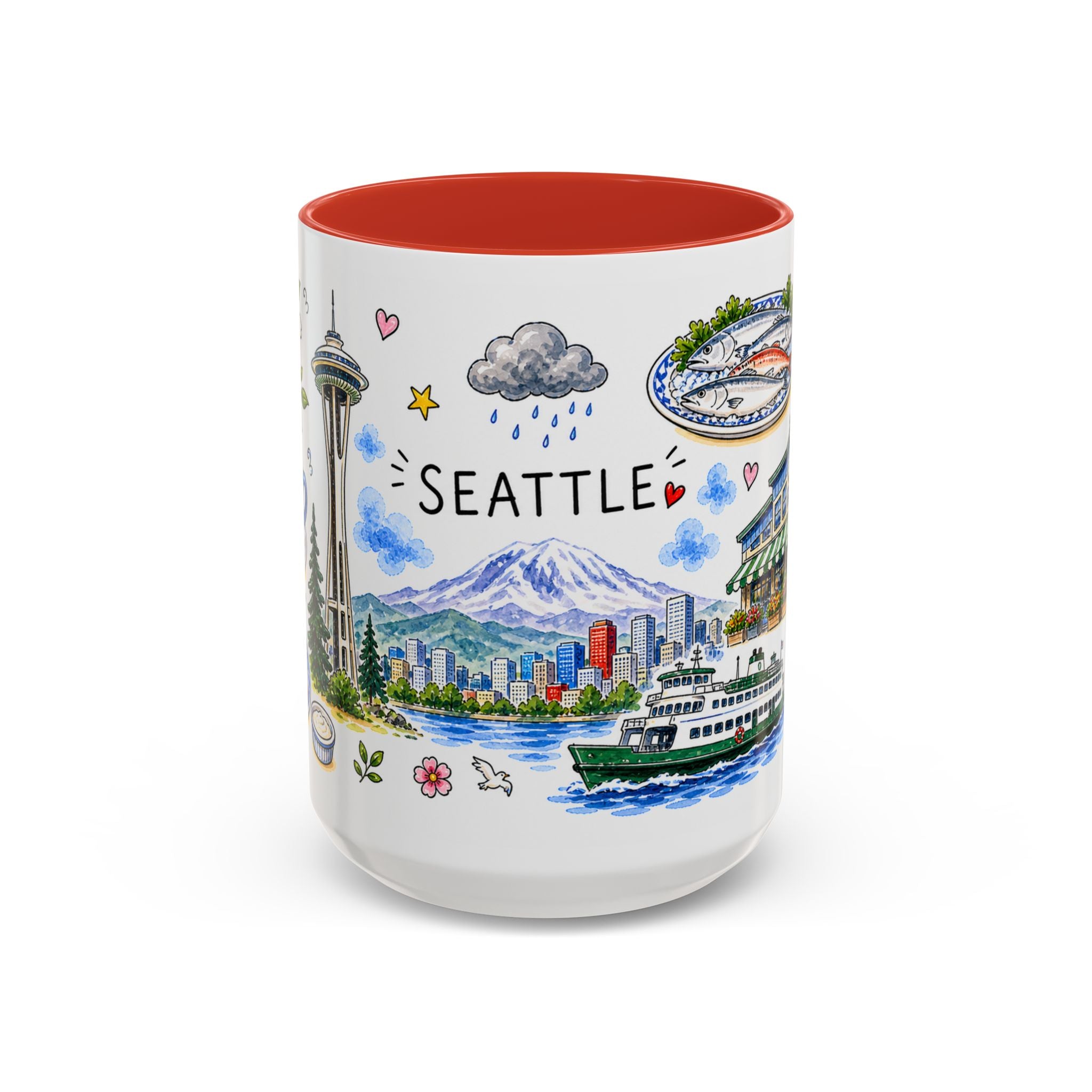 Seattle Illustrated Travel Mug | City Souvenir Accent Coffee Mug | 11oz 15oz Ceramic Cup
