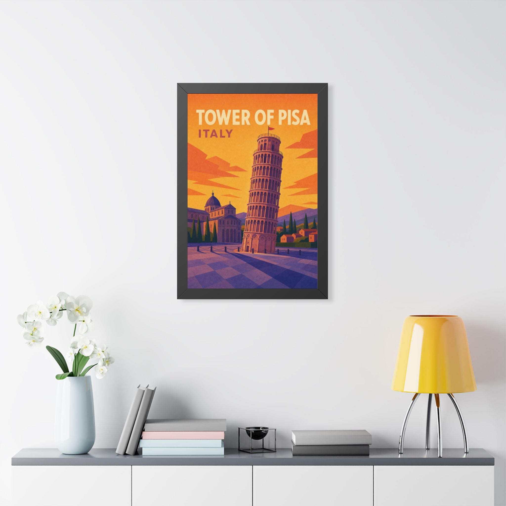 Leaning Tower of Pisa Italy Framed Poster | Vintage Travel Wall Art | Black Walnut White Frame | 16x24 20x30