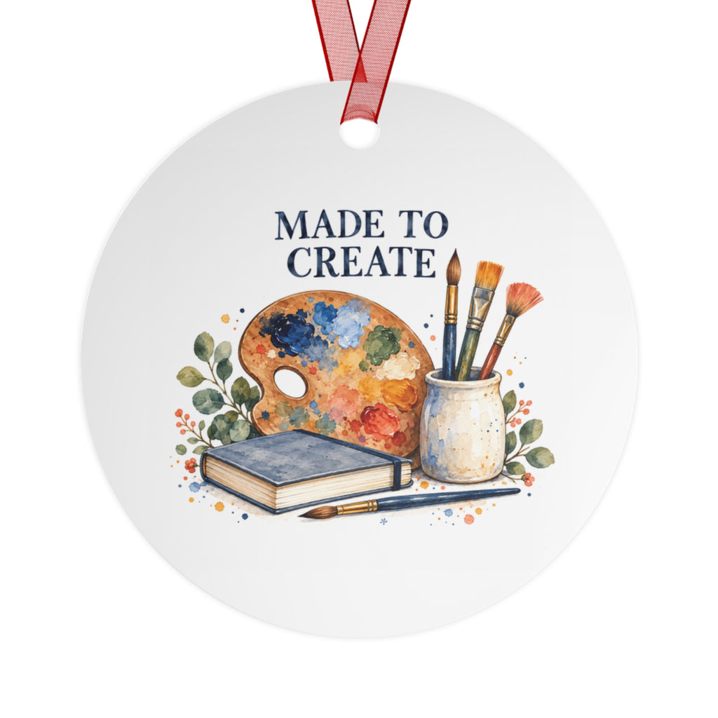 Back view of a round aluminum ornament with art teaching artwork.