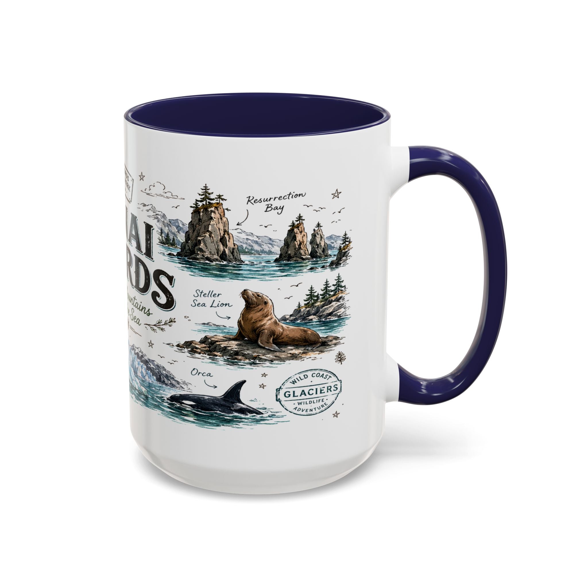 Kenai Fjords National Park Coffee Mug | Alaska Coastal Wildlife Hiking Gift | Accent Color Ceramic 11oz 15oz