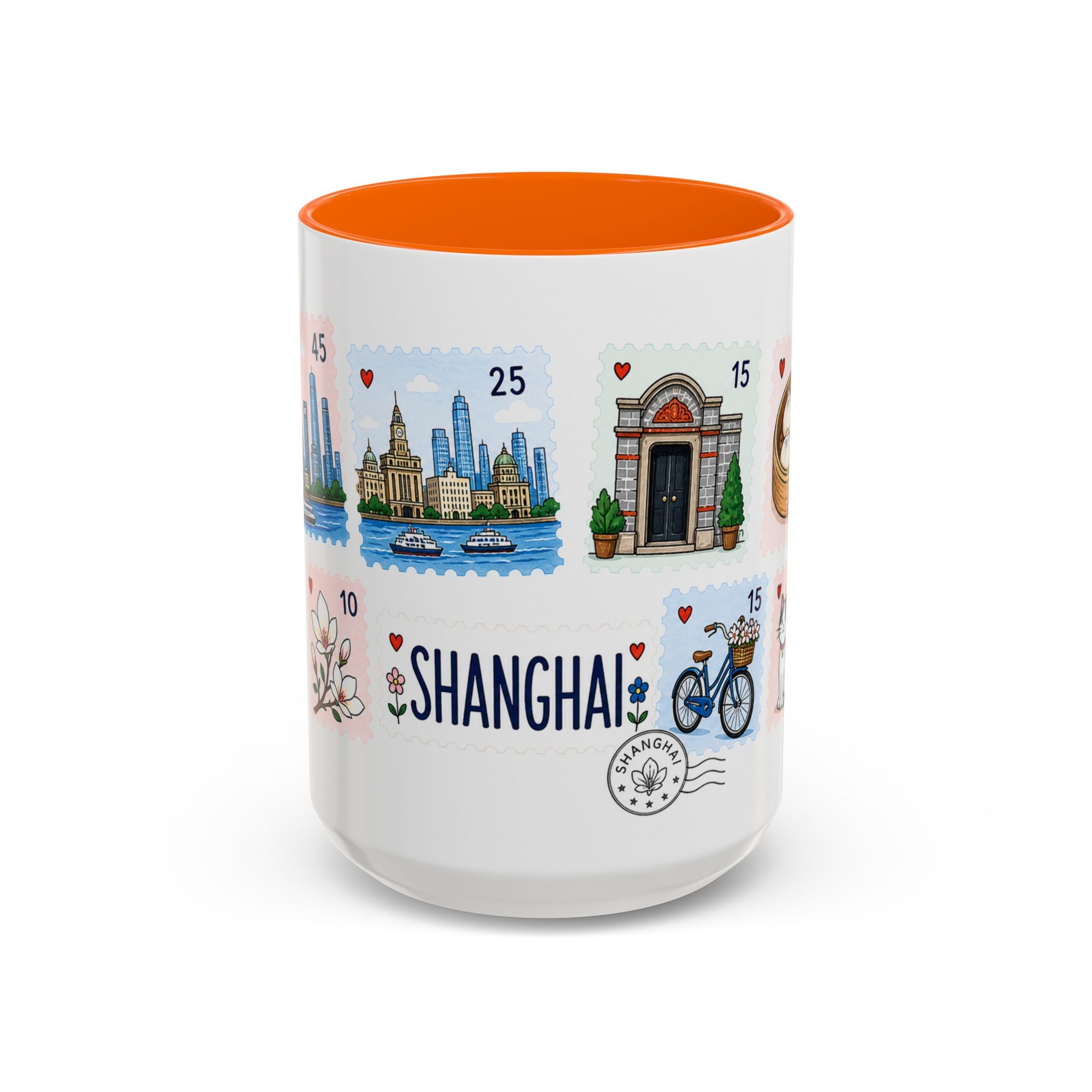 Shanghai Coffee Mug | Postage Stamp Collage Mug | Travel Souvenir Accent Cup 11oz 15oz