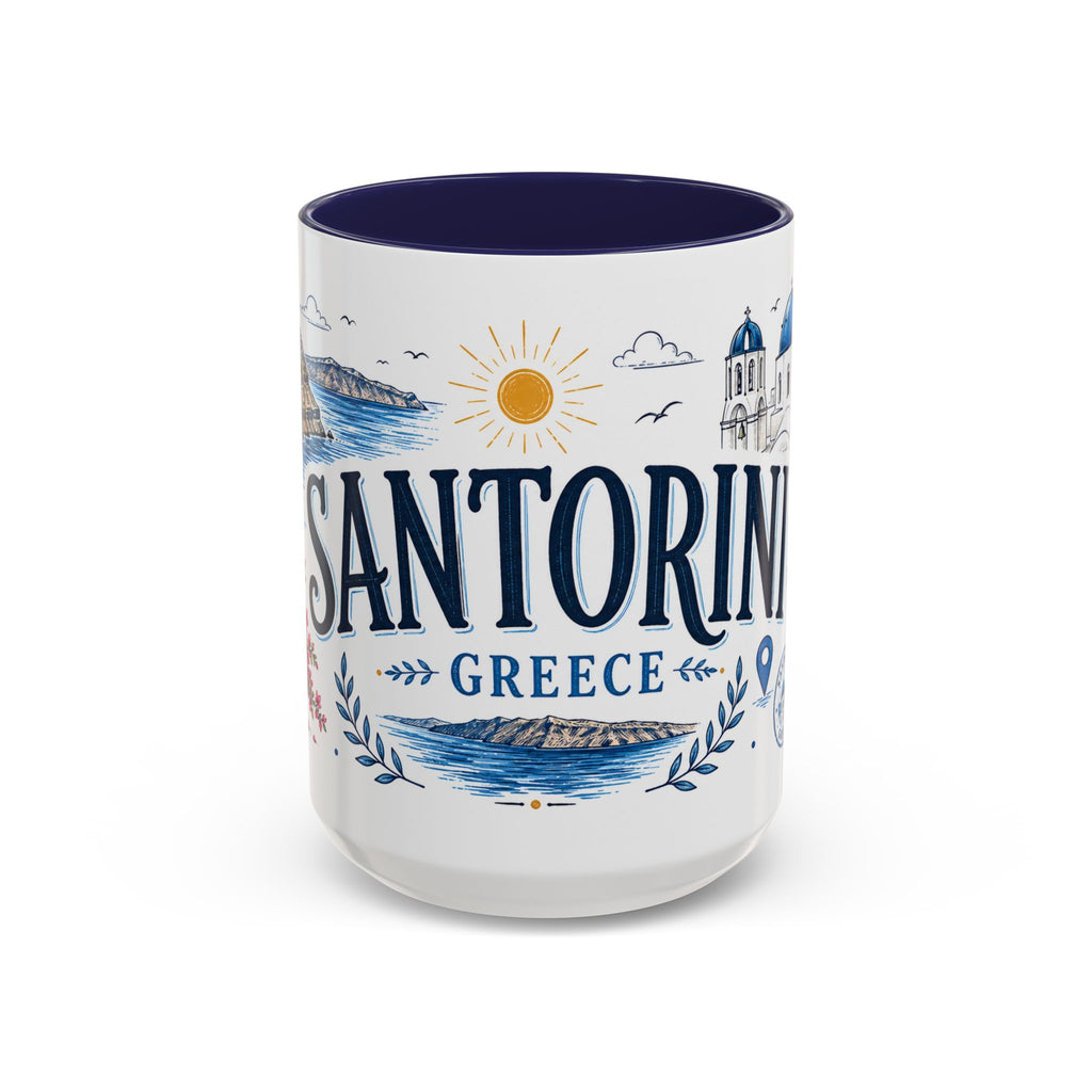 Santorini Coffee Mug | Travel Destination Souvenir Gift | Accent Color Ceramic 11oz 15oz
