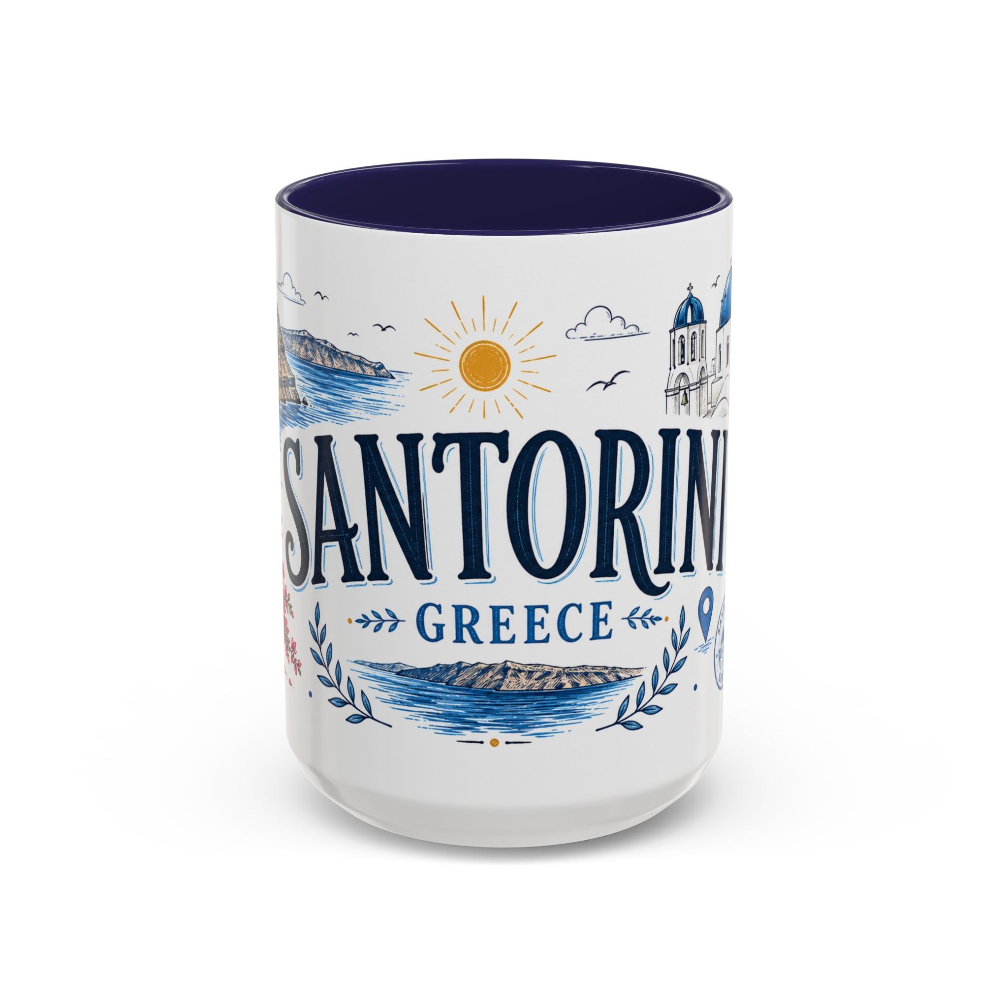 Santorini Coffee Mug | Travel Destination Souvenir Gift | Accent Color Ceramic 11oz 15oz