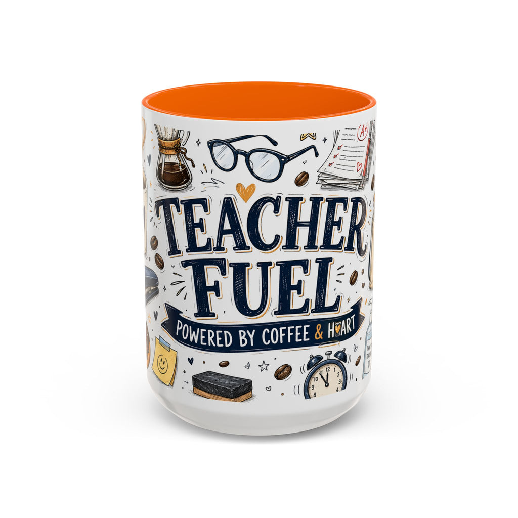 Teacher Fuel Coffee Mug | Powered by Coffee and Wine Funny Gift | Accent Color Ceramic 11oz 15oz