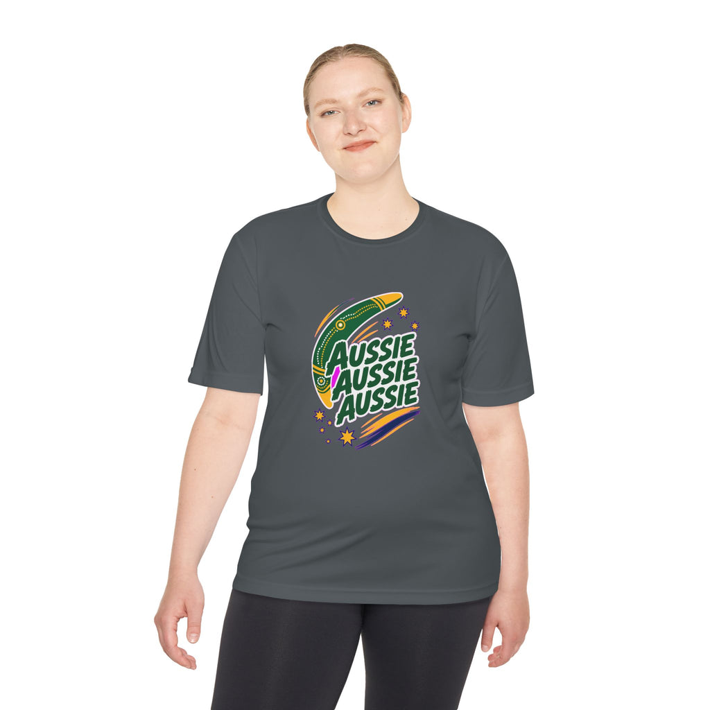 Australia Fan T-Shirt, Aussie Boomerang Design, Moisture Wicking Sport Tee