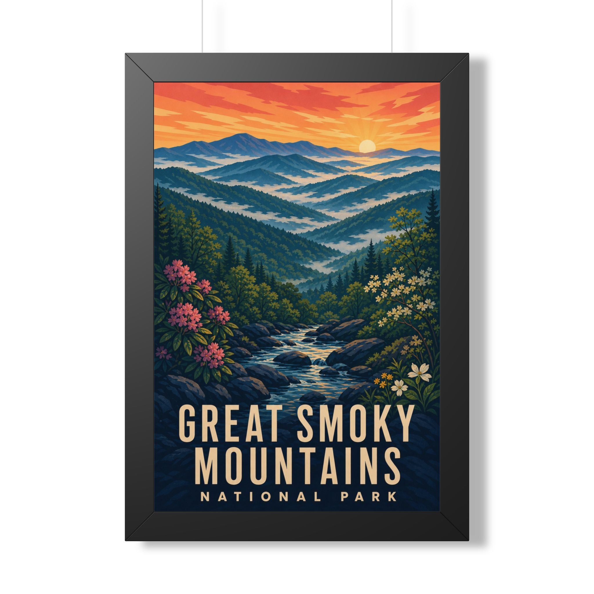 Great Smoky Mountains National Park Framed Poster | Vintage Travel Wall Art | Black Walnut White Frame | 16x24 20x30