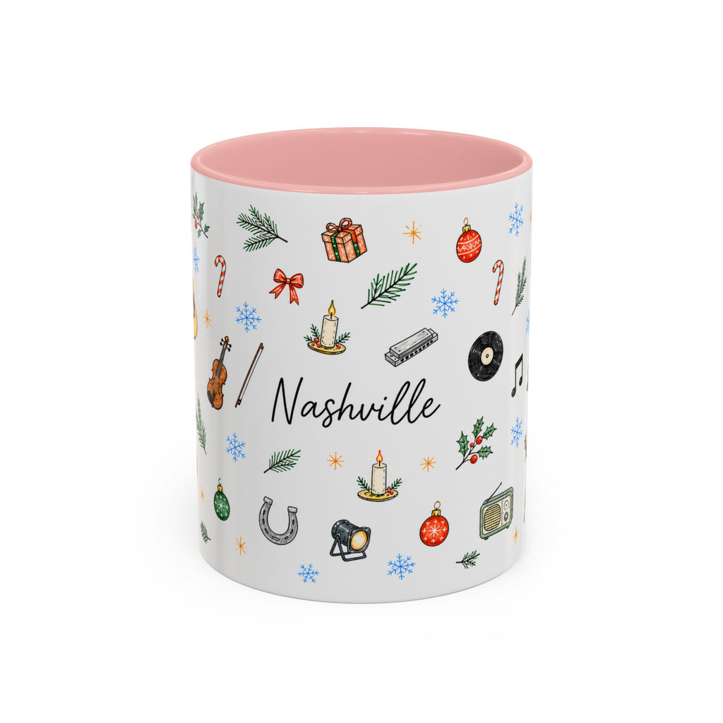 Nashville Christmas Mug | Watercolor City Souvenir, Acoustic Guitar, Harmonica (11oz 15oz)