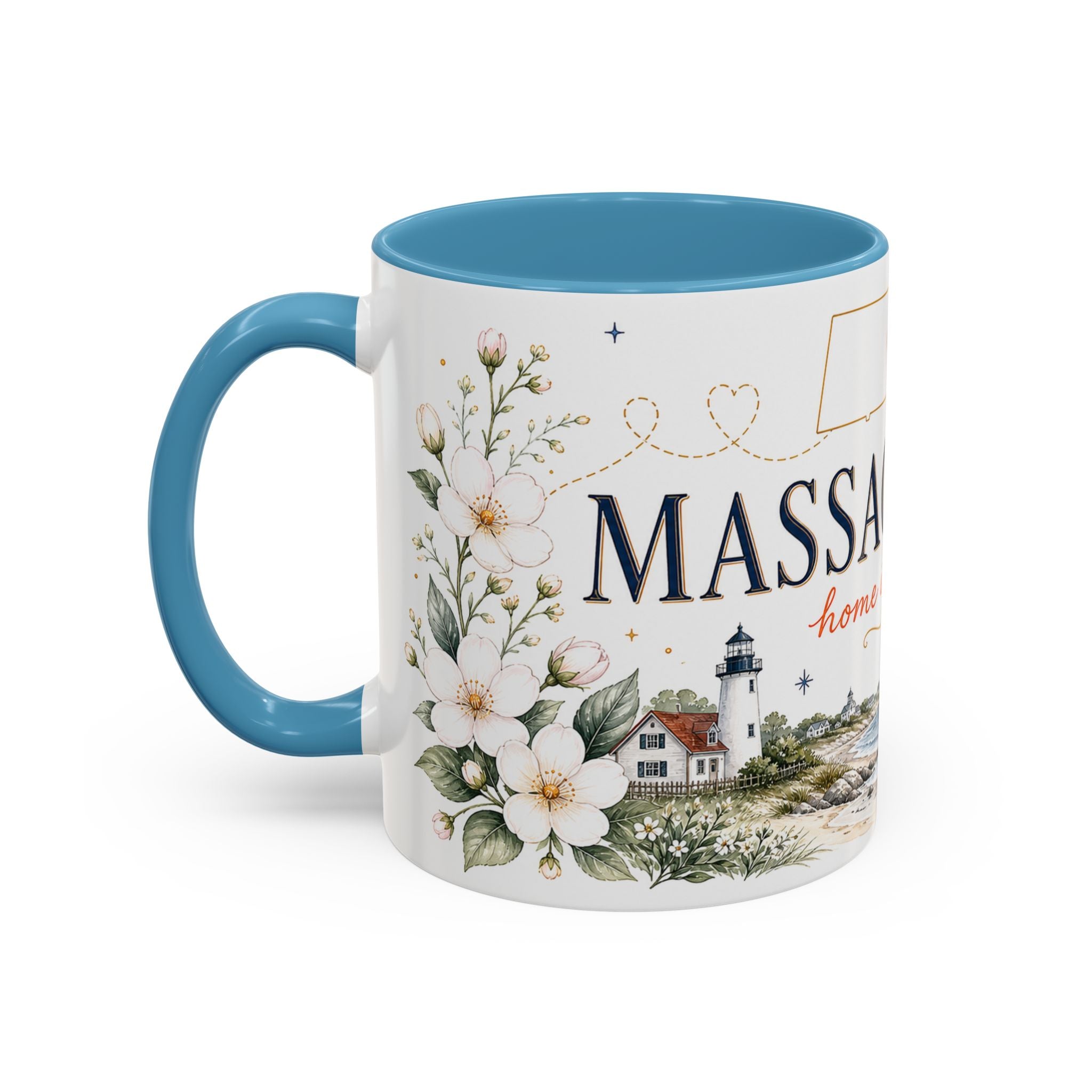 Massachusetts State Map Mug | Coastal Scene, Botanical Accents (11oz, 15oz)