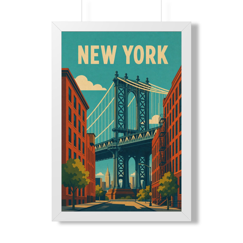 Manhattan Bridge New York United States Framed Poster | Vintage Travel Wall Art | Black Walnut White Frame | 16x24 20x30