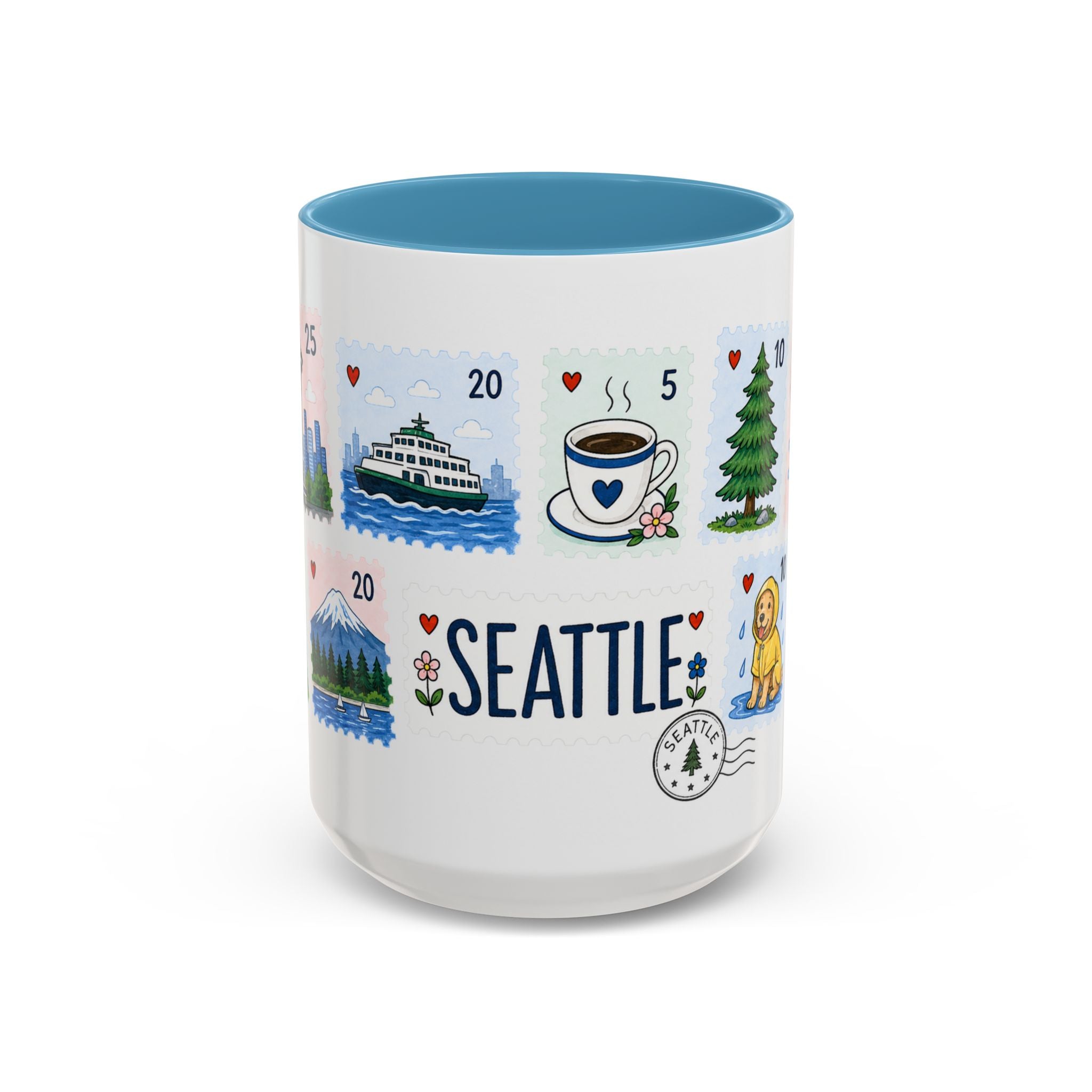 Seattle Coffee Mug | Postage Stamp Collage Mug | Travel Souvenir Accent Cup 11oz 15oz