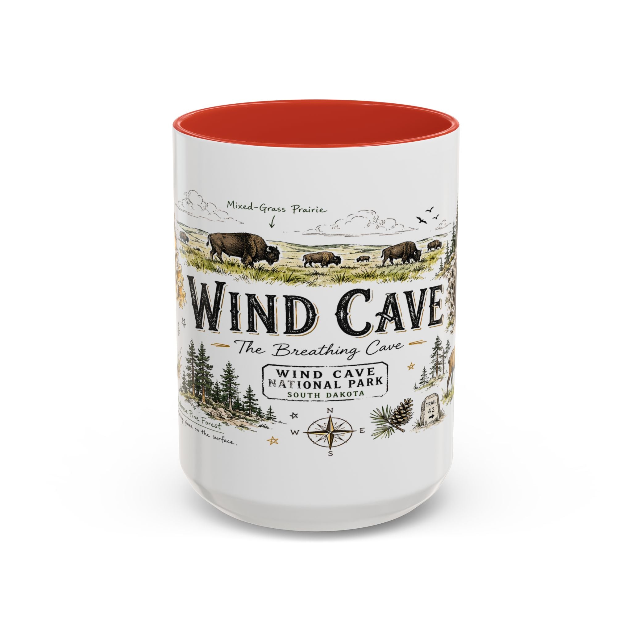 Wind Cave National Park Coffee Mug | South Dakota Cave Bison Prairie Gift | Accent Color Ceramic 11oz 15oz
