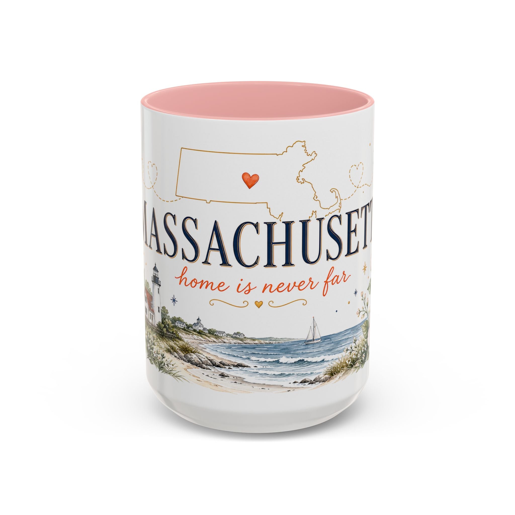 Massachusetts State Map Mug | Coastal Scene, Botanical Accents (11oz, 15oz)