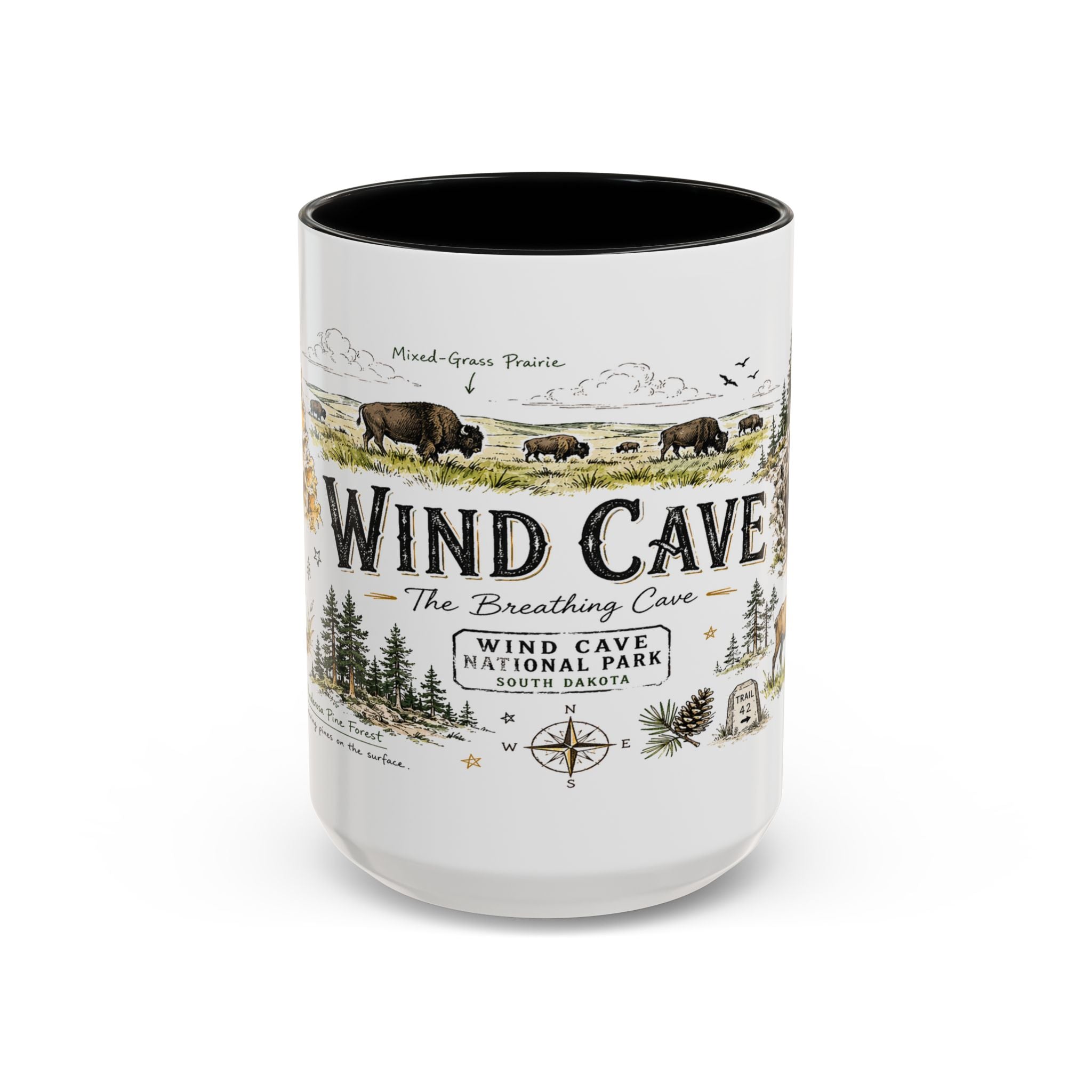 Wind Cave National Park Coffee Mug | South Dakota Cave Bison Prairie Gift | Accent Color Ceramic 11oz 15oz