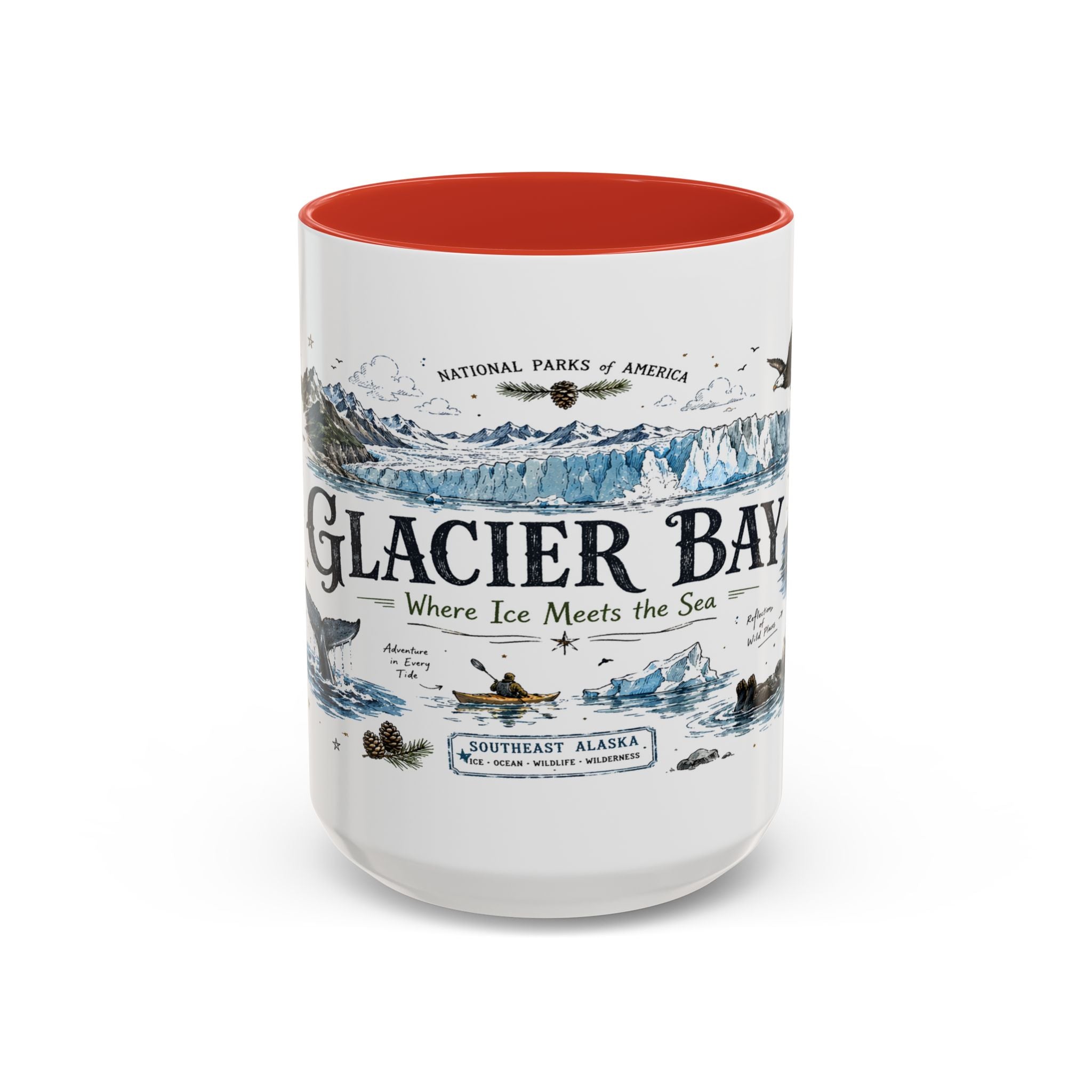 Glacier Bay National Park Coffee Mug | Alaska Wilderness Kayaking Gift | Accent Color Ceramic 11oz 15oz