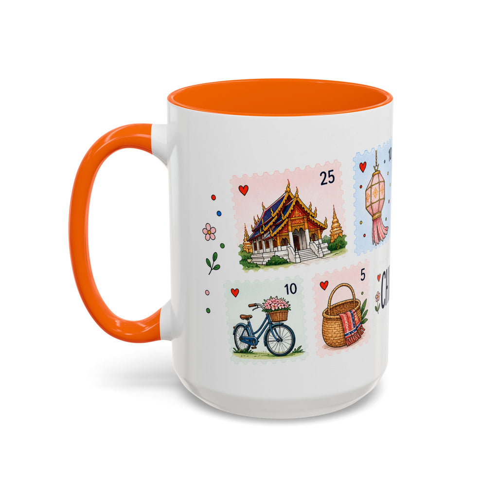 Chiang Mai Coffee Mug | Postage Stamp Collage Mug | Travel Souvenir Accent Cup 11oz 15oz