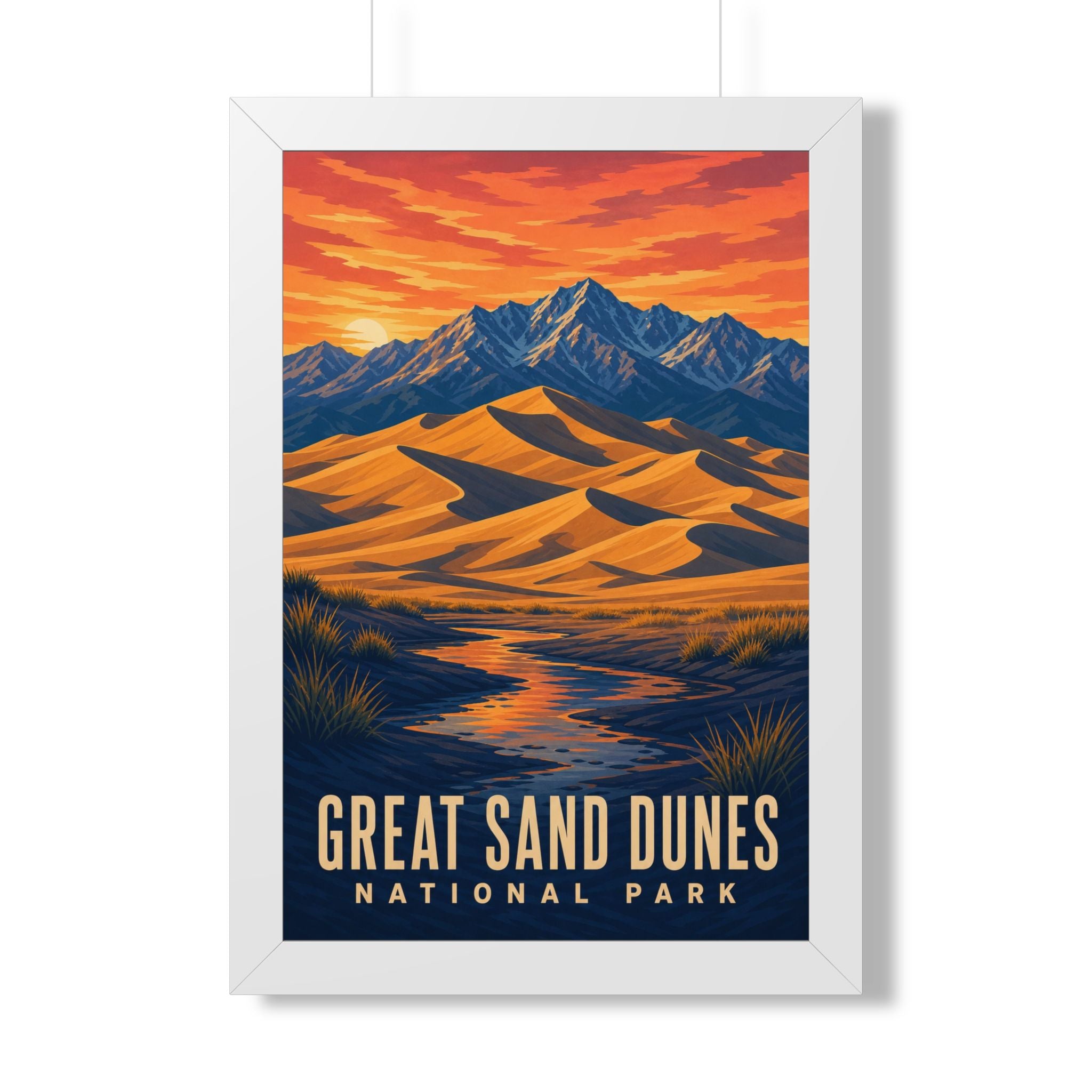 Great Sand Dunes National Park Framed Poster | Vintage Travel Wall Art | Black Walnut White Frame | 16x24 20x30