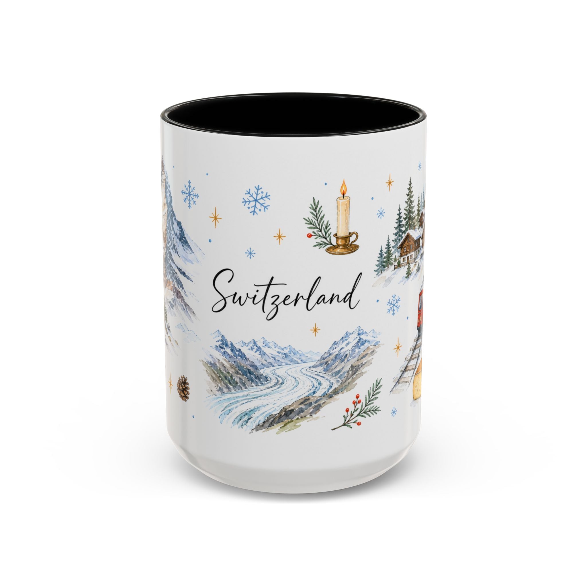 Switzerland Christmas Mug | Watercolor Travel Souvenir | Holiday Gift | Accent Ceramic Coffee Cup 11oz 15oz