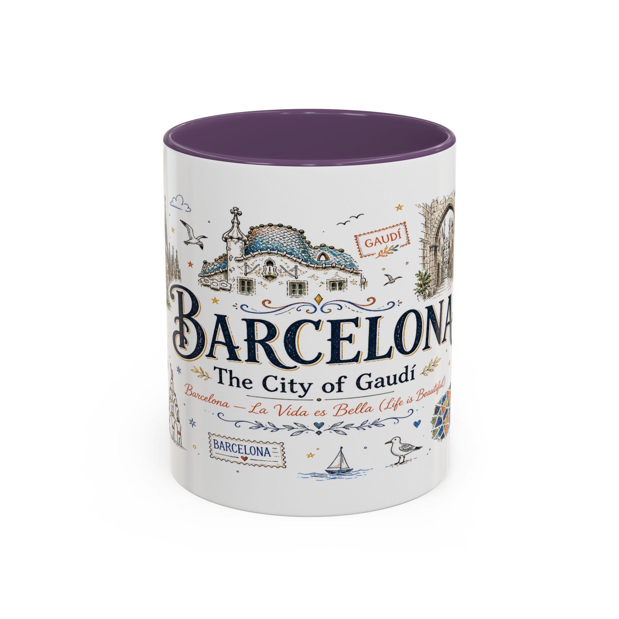Barcelona Coffee Mug | Spain Souvenir Travel Gift | Accent Color Ceramic 11oz 15oz