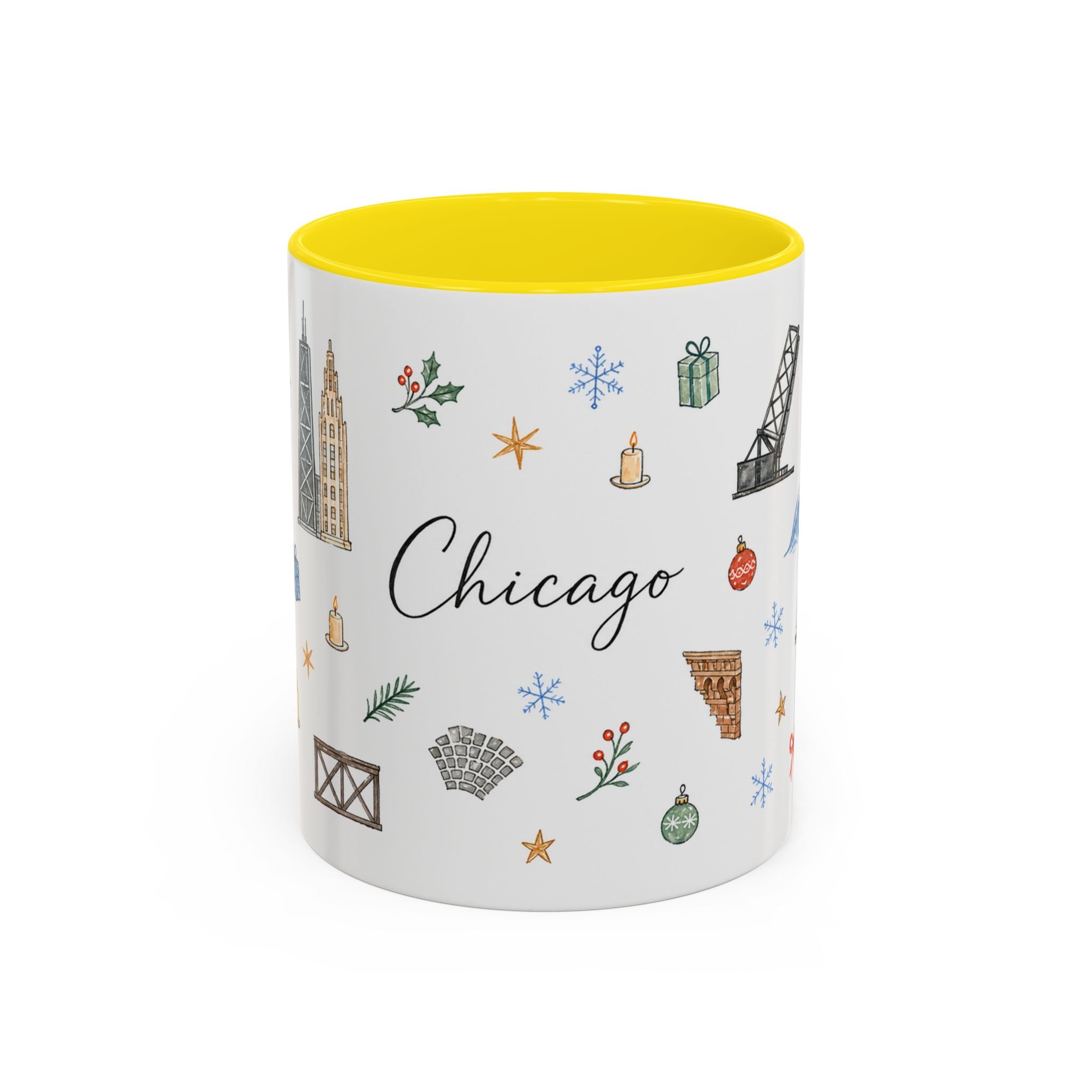 Chicago Christmas Mug | Watercolor Travel Souvenir | Holiday Gift | Accent Ceramic Coffee Cup 11oz 15oz