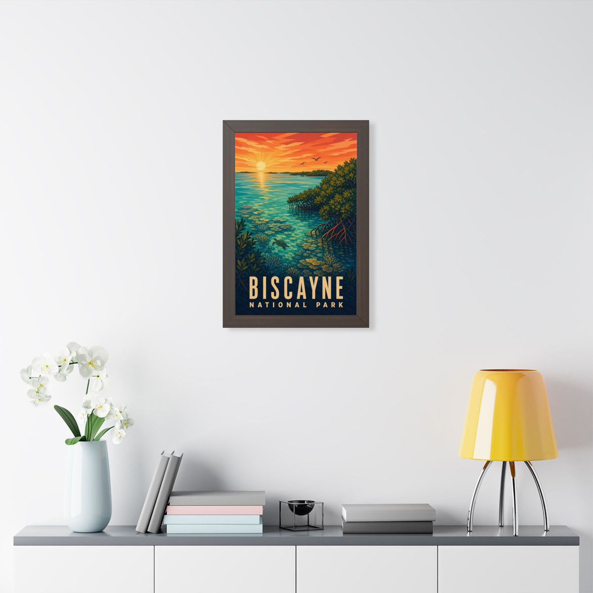 Biscayne National Park Framed Poster | Vintage Travel Wall Art | Black Walnut White Frame | 16x24 20x30