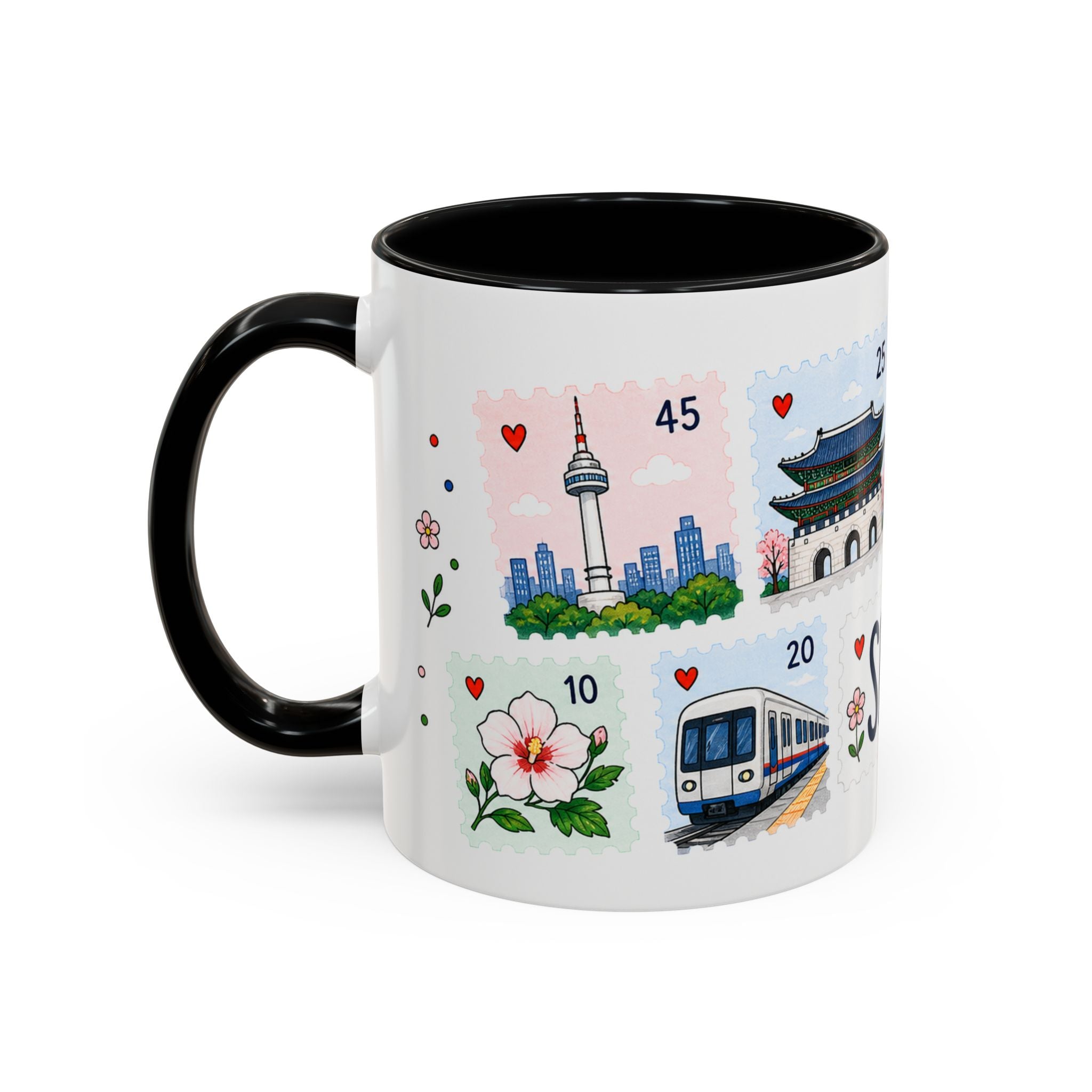 Seoul Coffee Mug | Postage Stamp Collage Mug | Travel Souvenir Accent Cup 11oz 15oz