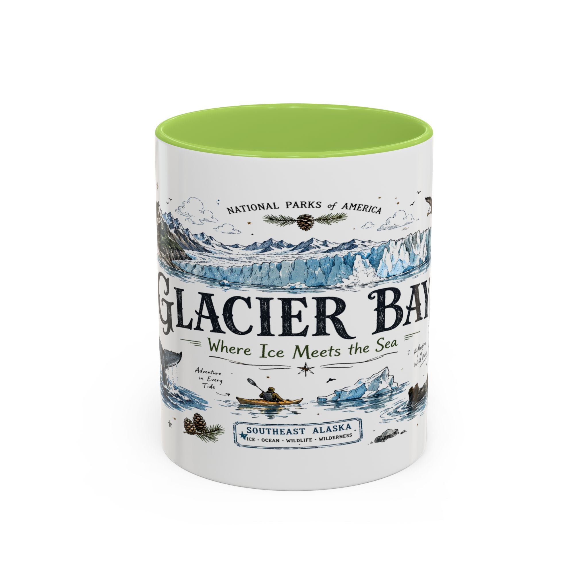 Glacier Bay National Park Coffee Mug | Alaska Wilderness Kayaking Gift | Accent Color Ceramic 11oz 15oz