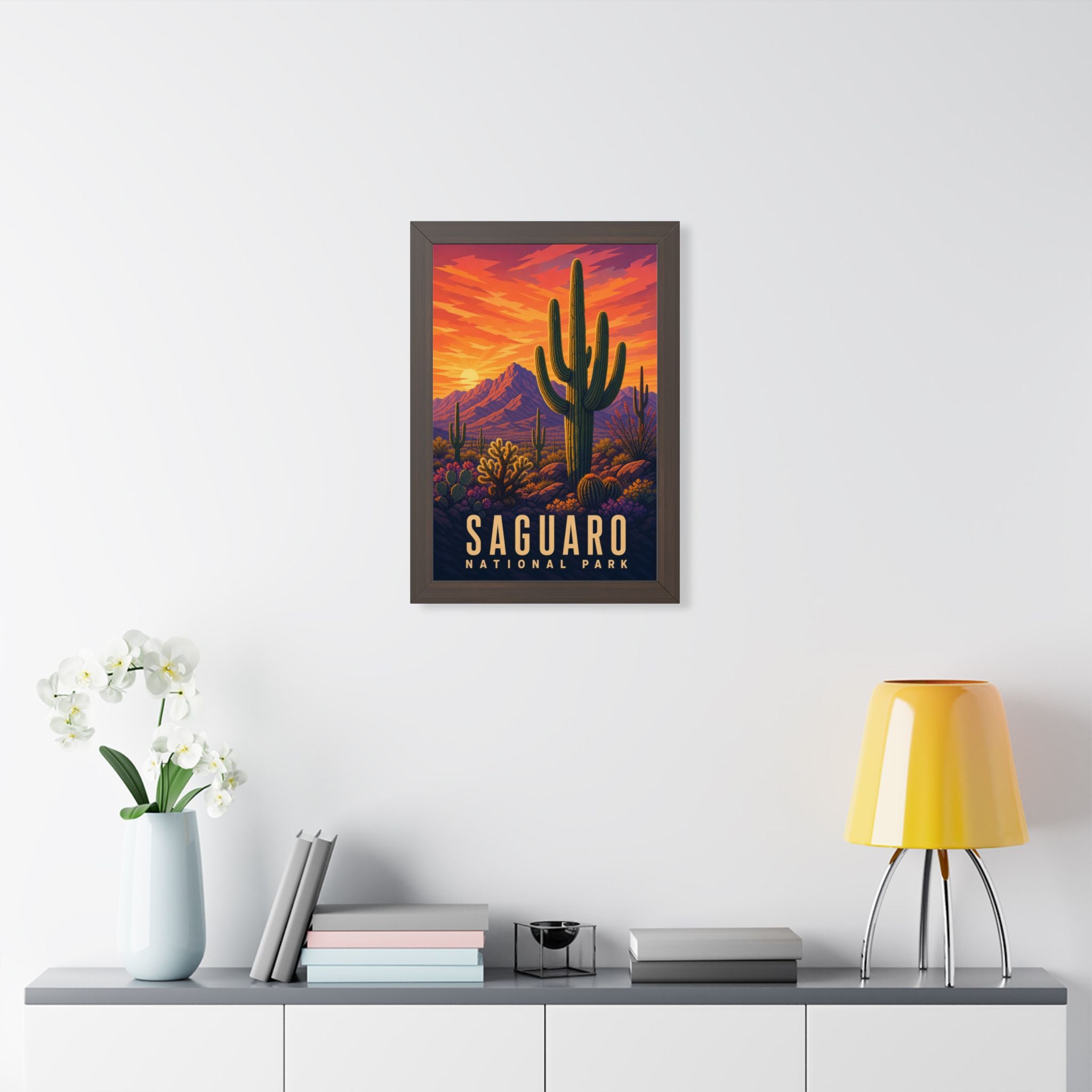 Saguaro National Park Framed Poster | Vintage Travel Wall Art | Black Walnut White Frame | 16x24 20x30
