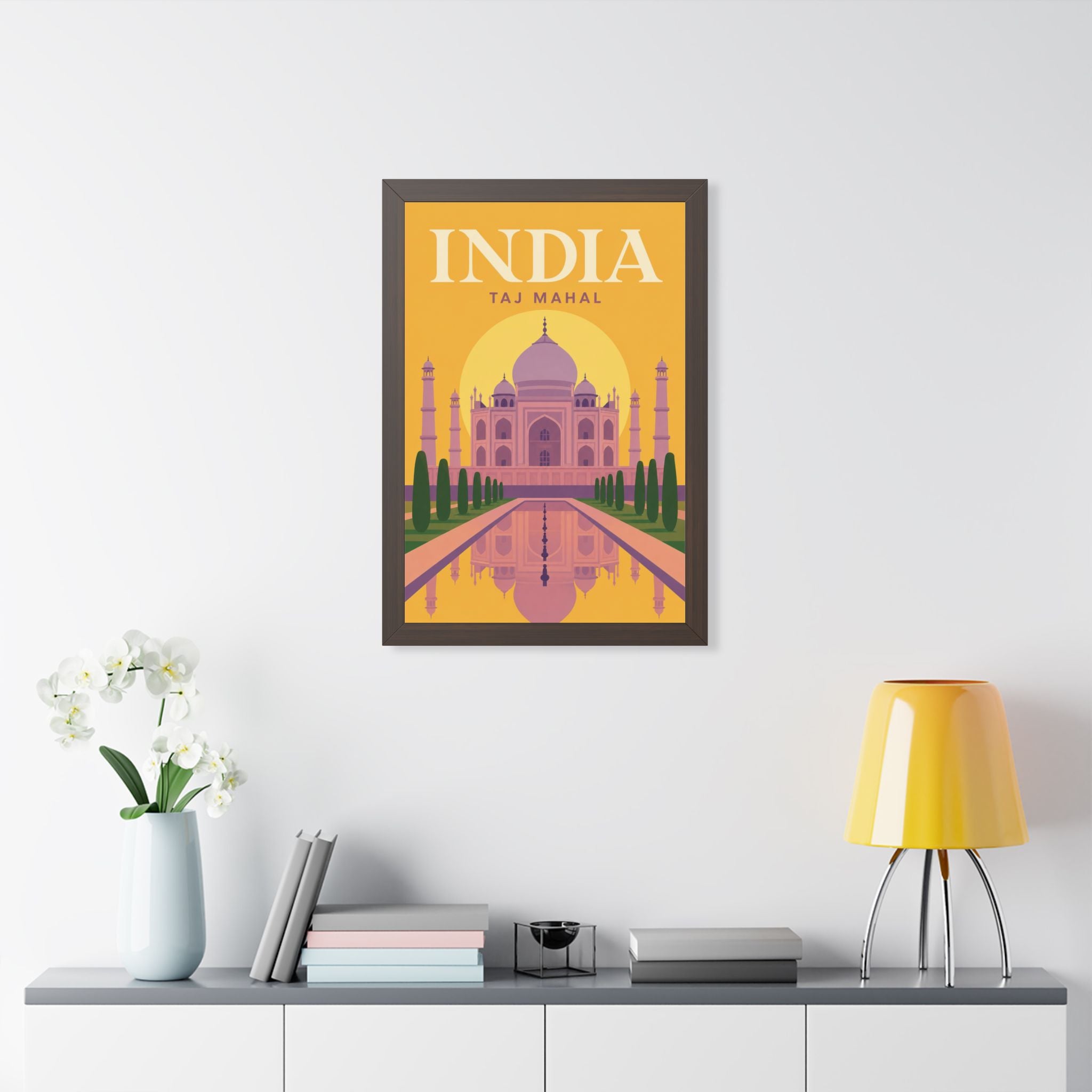 Taj Mahal India Framed Poster | Vintage Travel Wall Art | Black Walnut White Frame | 16x24 20x30