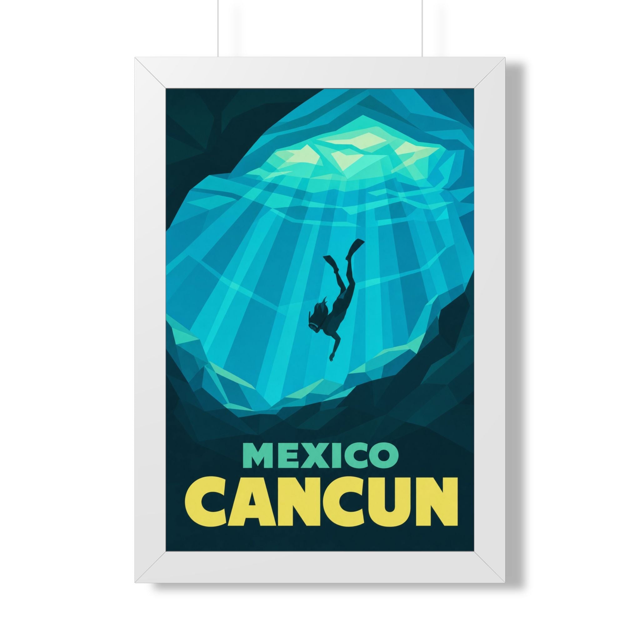 Cancún Cenote Mexico Framed Poster | Vintage Travel Wall Art | Black Walnut White Frame | 16x24 20x30