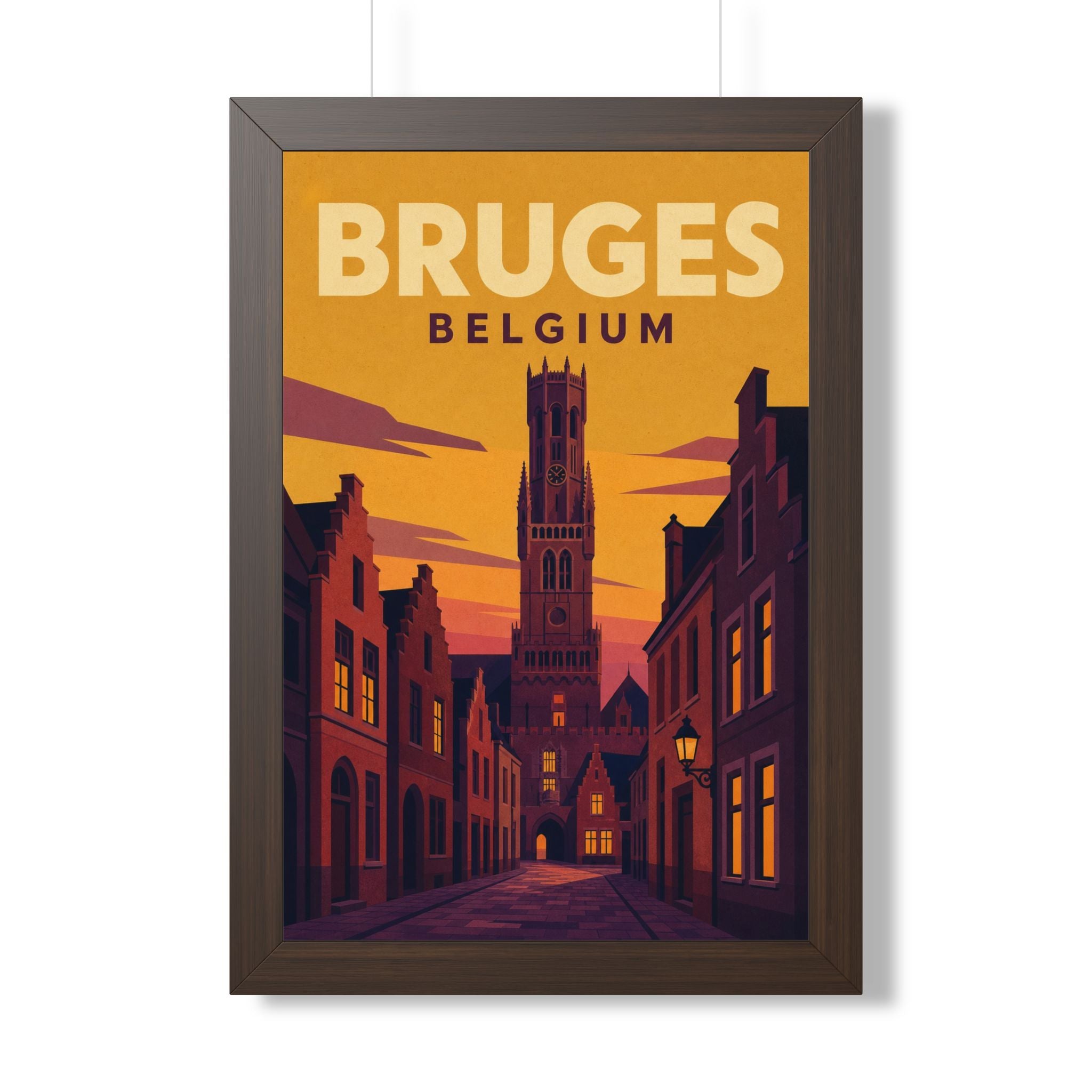 Bruges Belgium Framed Poster | Vintage Travel Wall Art | Black Walnut White Frame | 16x24 20x30