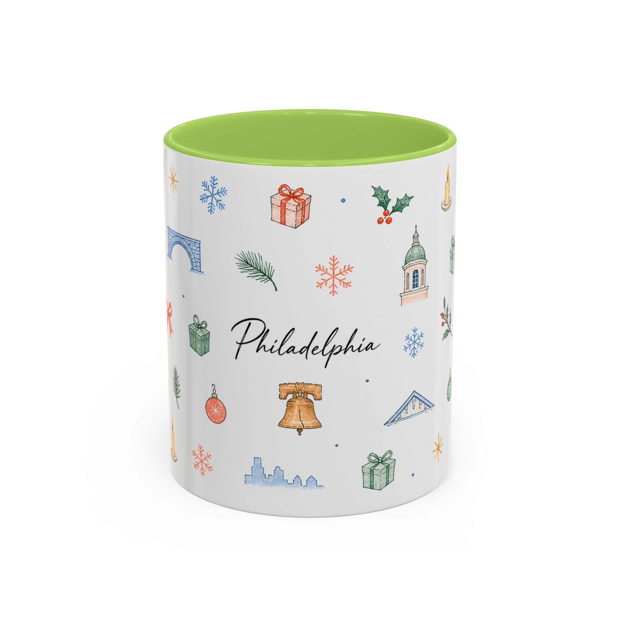 Philadelphia Christmas Mug | Watercolor Travel Souvenir | Holiday Gift | Accent Ceramic Coffee Cup 11oz 15oz