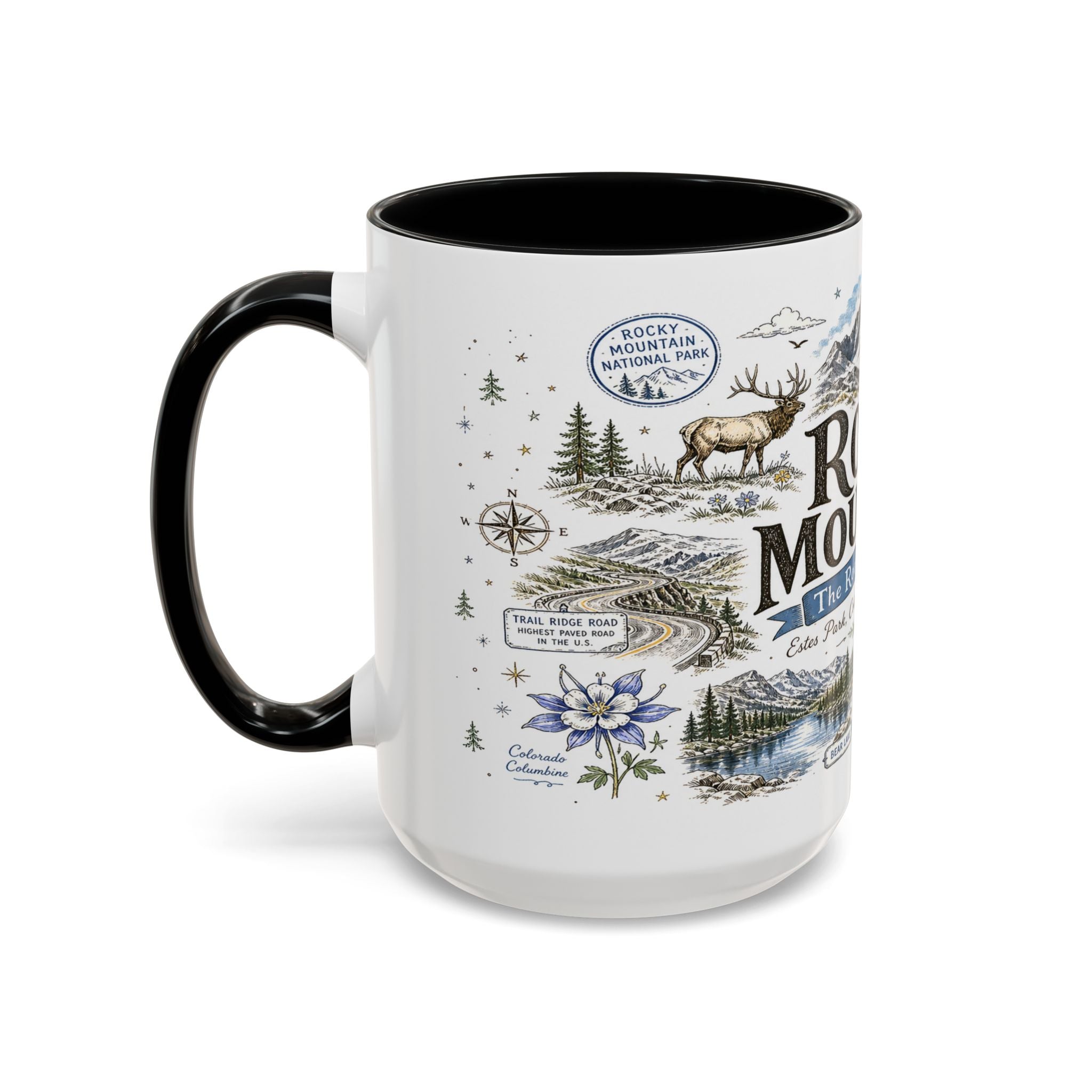 Rocky Mountain Coffee Mug | National Park Hiking Camping Gift | Accent Color Ceramic 11oz 15oz