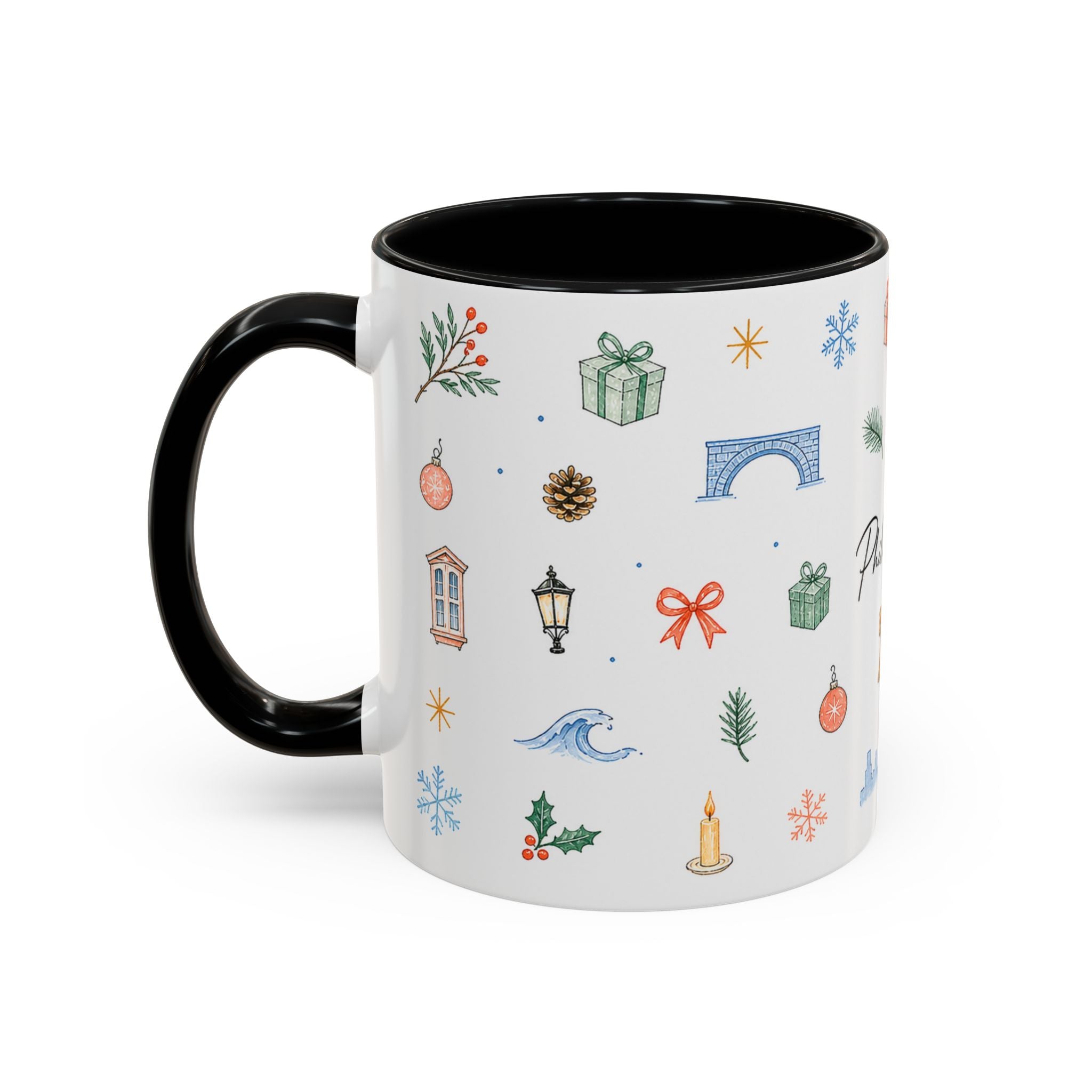Philadelphia Christmas Mug | Watercolor Travel Souvenir | Holiday Gift | Accent Ceramic Coffee Cup 11oz 15oz