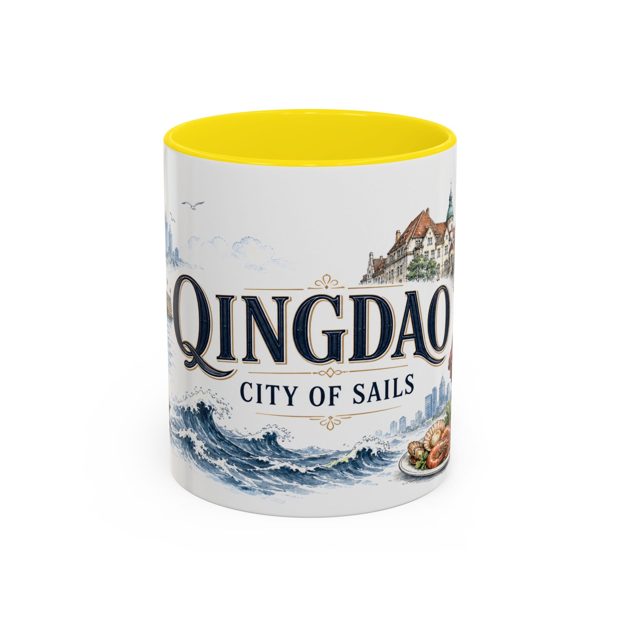 Qingdao Coffee Mug | China Travel Souvenir | Vintage Illustrated City Gift | 11 oz 15 oz Accent Mug