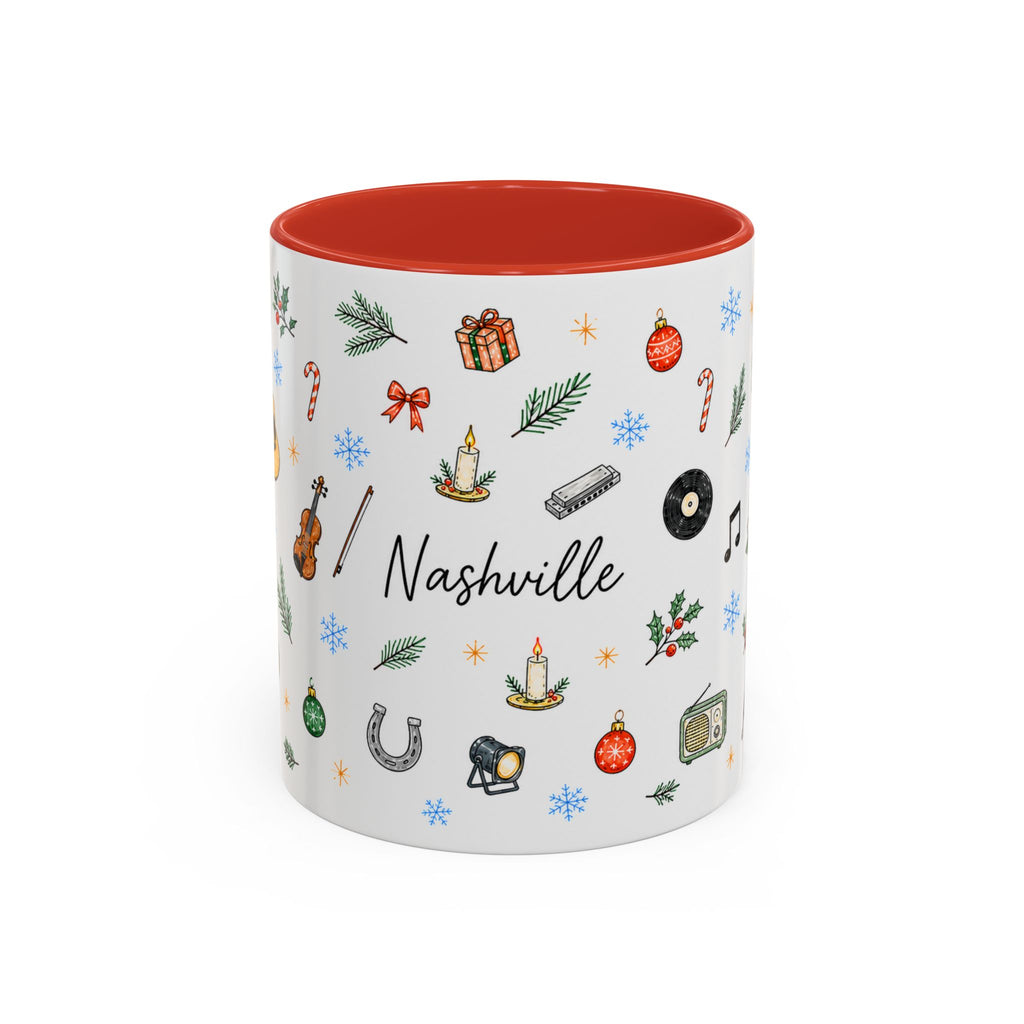 Nashville Christmas Mug | Watercolor City Souvenir, Acoustic Guitar, Harmonica (11oz 15oz)