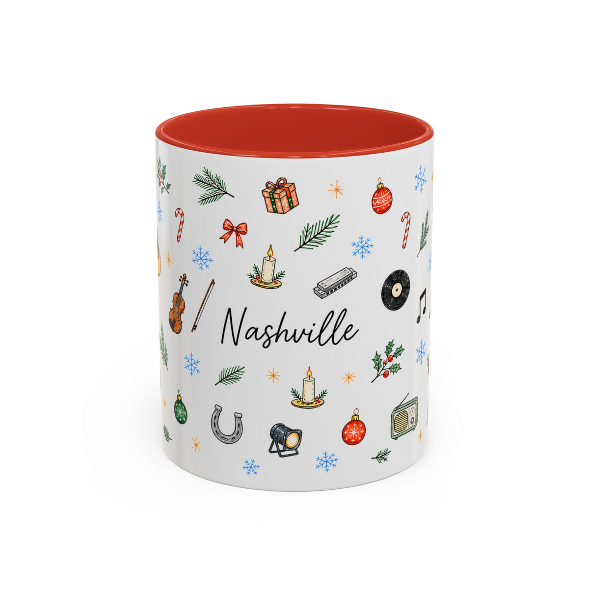 Nashville Christmas Mug | Watercolor City Souvenir, Acoustic Guitar, Harmonica (11oz 15oz)