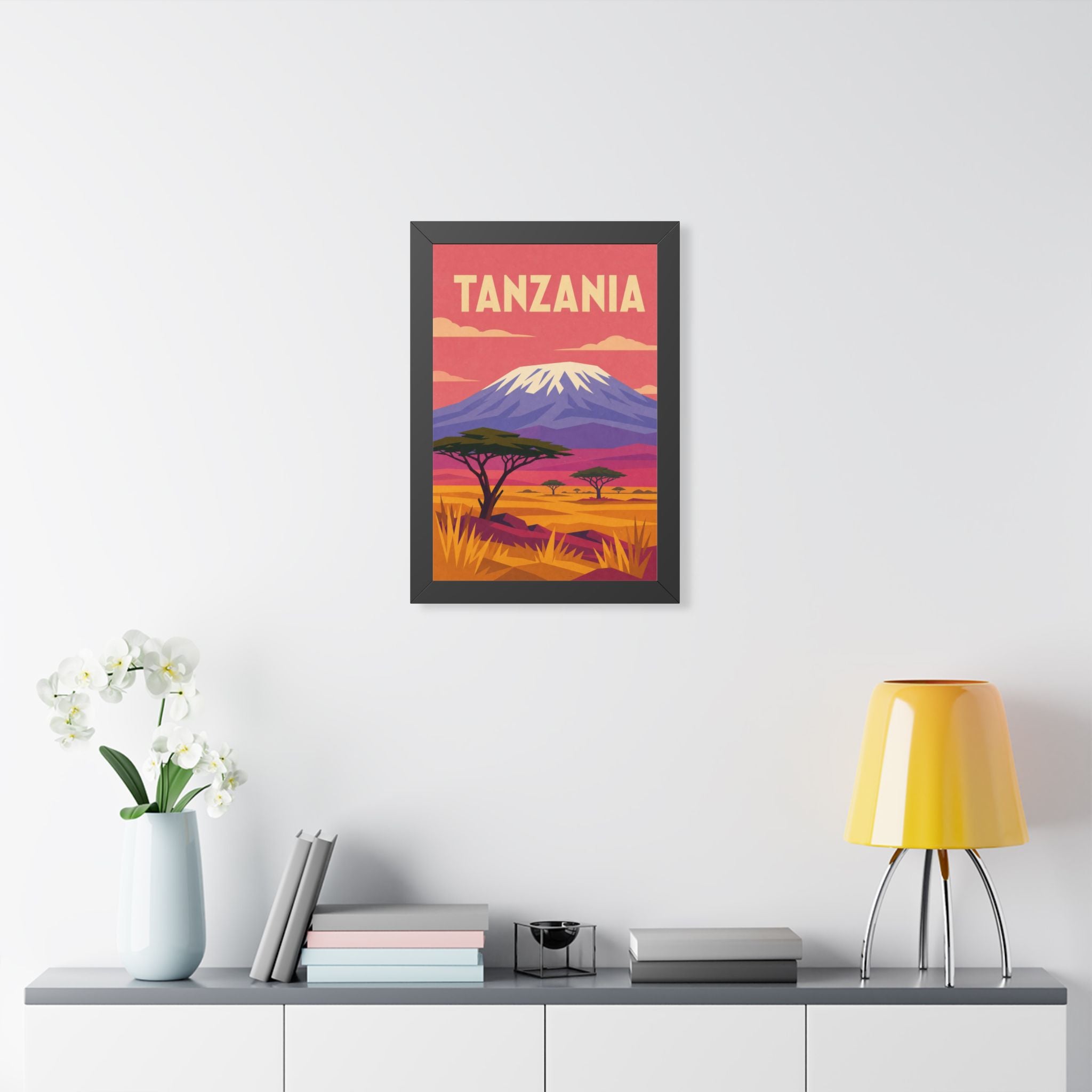 Tanzania Kilimanjaro Tanzania Framed Poster | Vintage Travel Wall Art | Black Walnut White Frame | 16x24 20x30